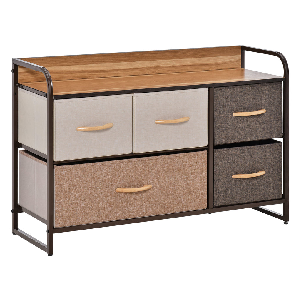 HOMCOM 5-Drawer Dresser, Fabric Chest of Drawers, 2-Tier Storage Organizer for Bedroom Entryway, Tower Unit with Steel Frame Wooden Top, Maple Wood - Grand Goldman Shop