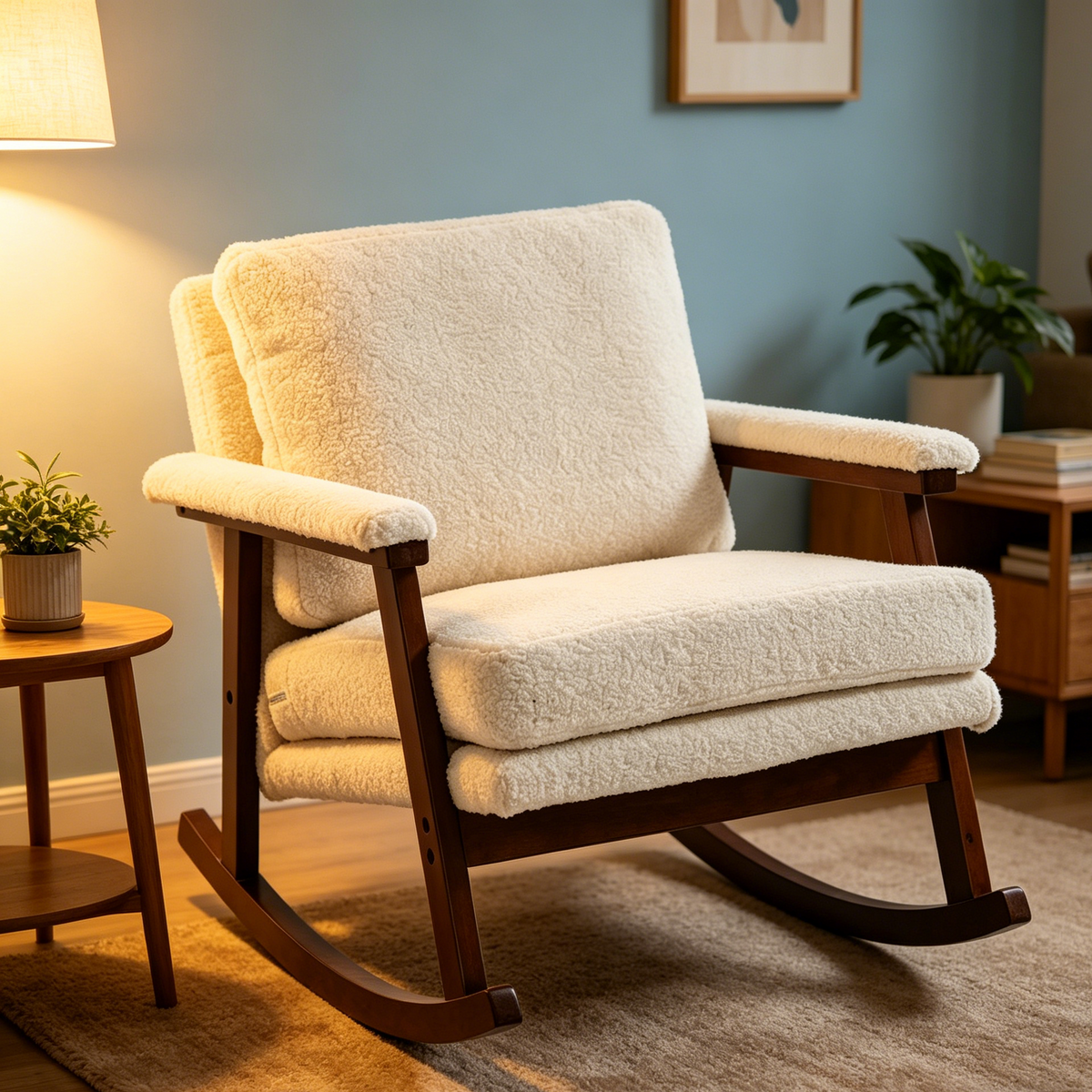 Mid Century Modern Accent Chair ,rocking chair with Wood Frame, Upholstered Living Room Chairs , Reading Armchair for Bedroom Sunroom - Grand Goldman Shop