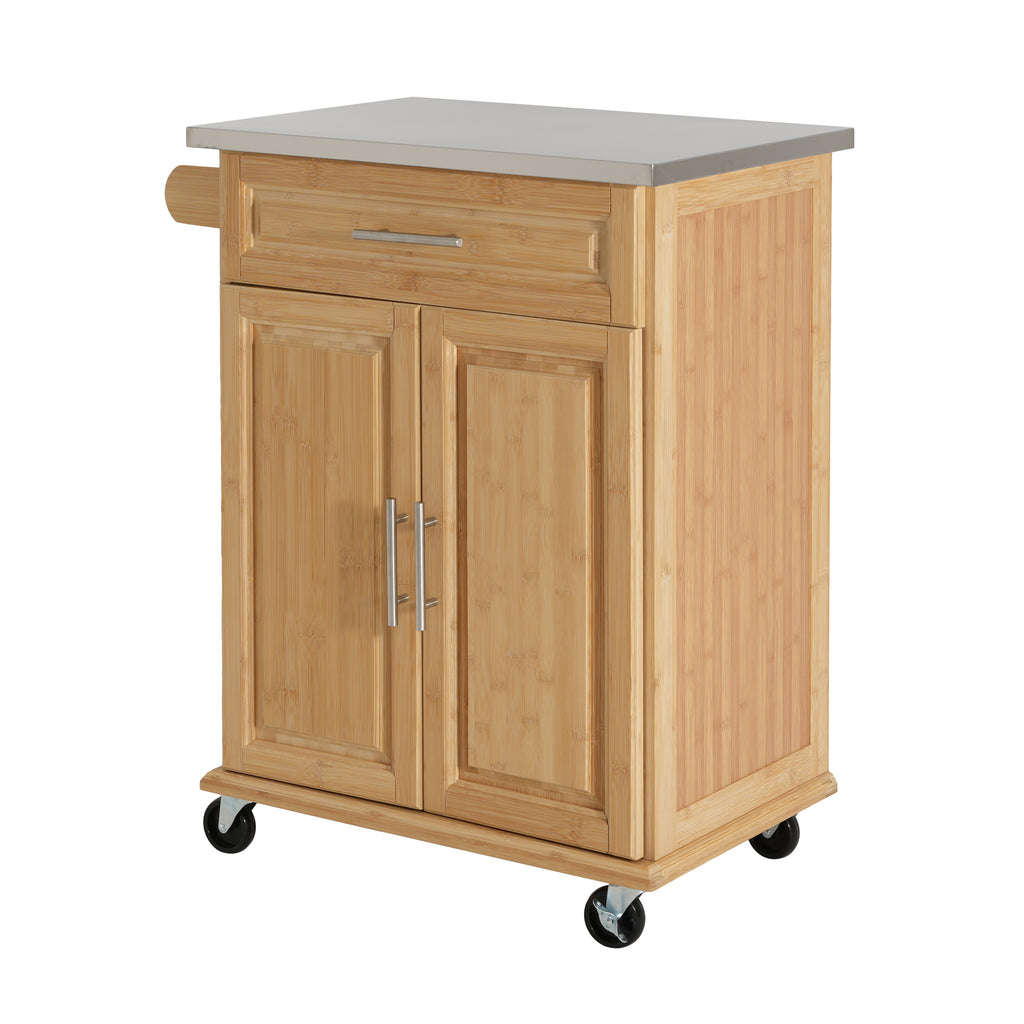 Indoor Compact Bamboo Rolling Kitchen Cart with Stainless Steel Top – Mobile Storage Island with Drawer & Cabinet for Small Spaces - Grand Goldman Shop