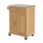 Indoor Compact Bamboo Rolling Kitchen Cart with Stainless Steel Top – Mobile Storage Island with Drawer & Cabinet for Small Spaces - Grand Goldman Shop