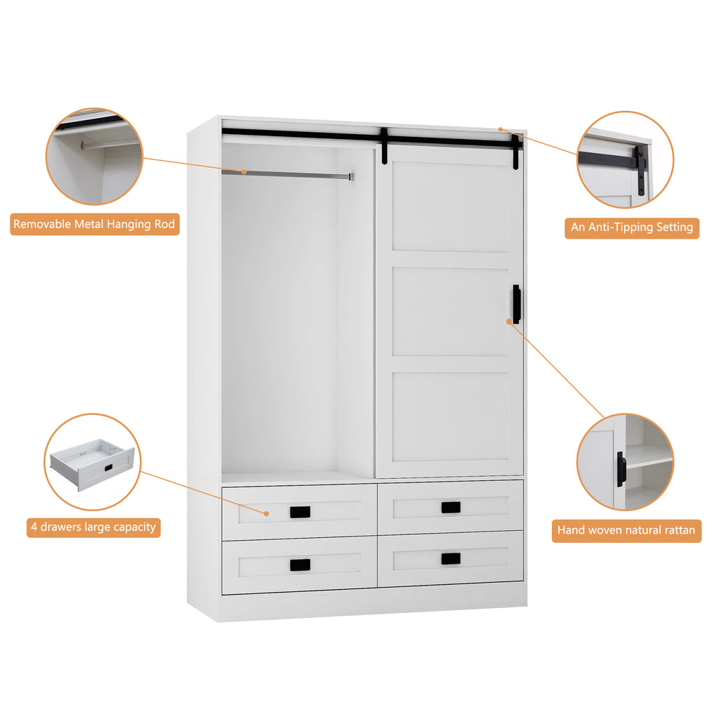 Tall Bedroom Armoire Wardrobe Closet Clothing Storage Cabinet with Hanging Rod Barn Door Drawers Open Shelves - Grand Goldman Shop