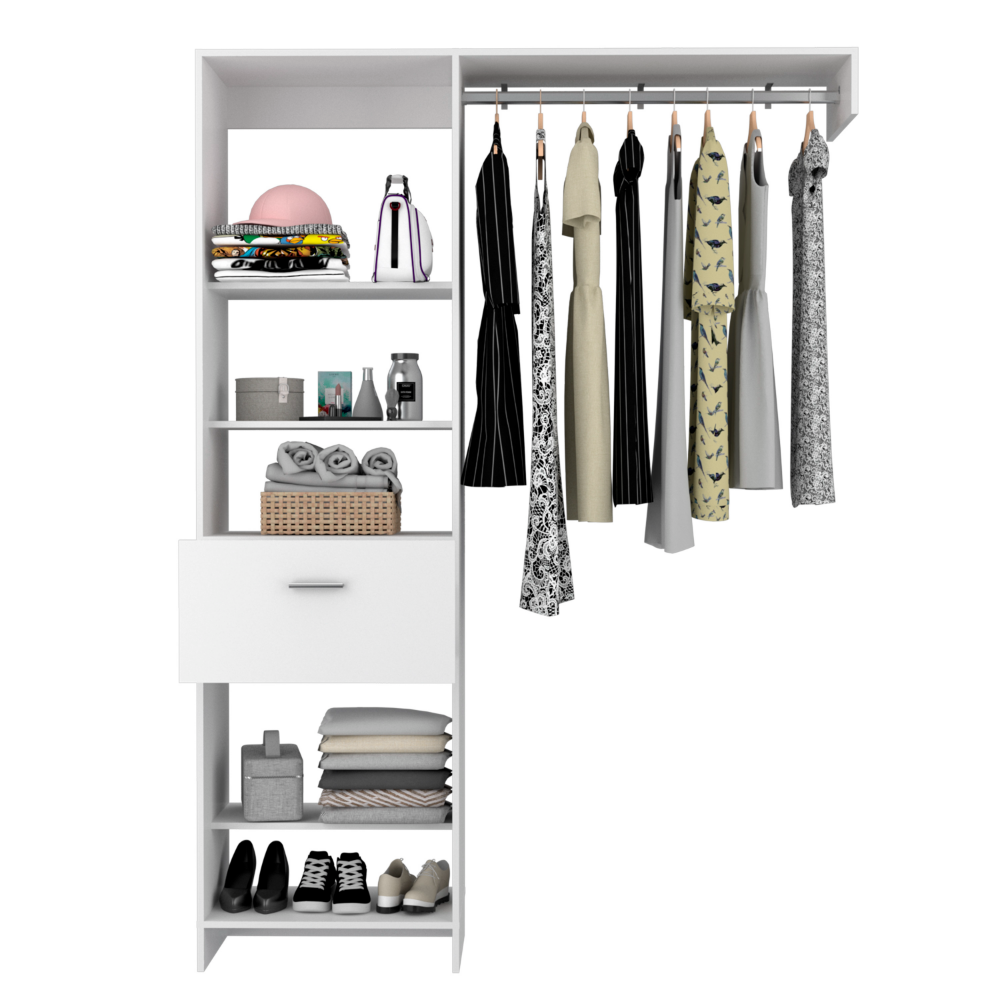 Manchester 150 Closet System, Metal Rod, Five Open Shelves, One Drawer -White - Grand Goldman Shop