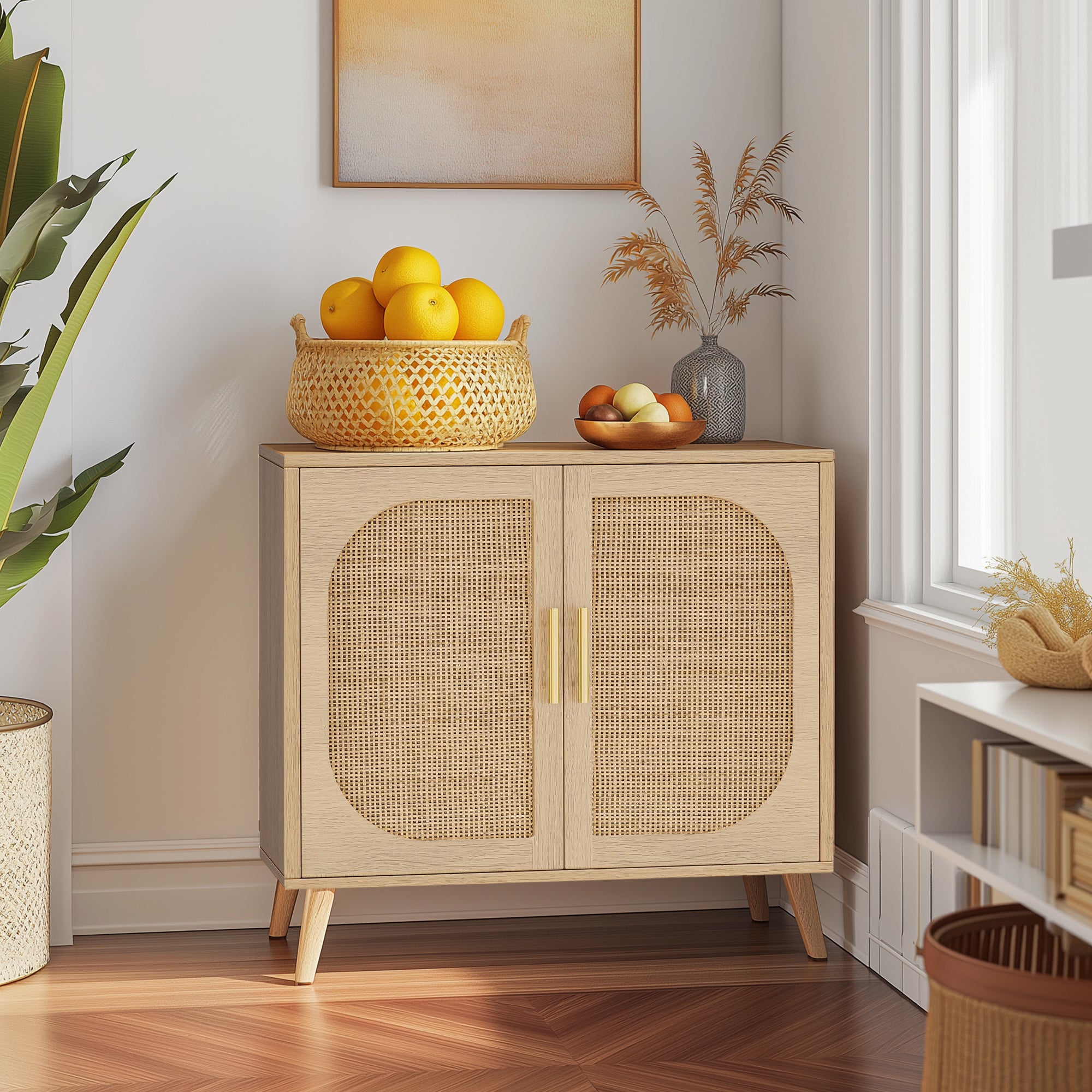 Buffet Cabinet with Storage,  Accent Bathroom Floor Cabinet,with Two Doors and 4 compartments forStorage,Cabinet with Solid Wood Feet,Sideboard Cabinet for Hallway, Entry, Living Room,(Natural Color) - Grand Goldman Shop