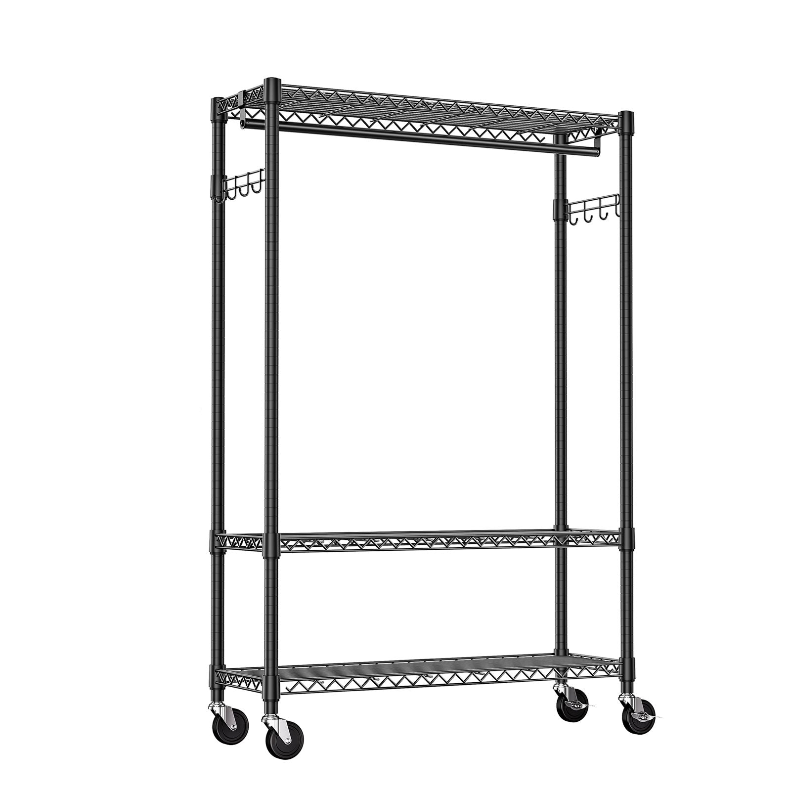 Heavy Duty Rolling Garment Rack 3 Tiers Adjustable Wire Shelving Clothes Rack with 1 Rods and Side Hooks,Storage Closet Clothing Rack with Wheels Black 15.7' D x 45.3' W x 75.6' H, Black - Grand Goldman Shop