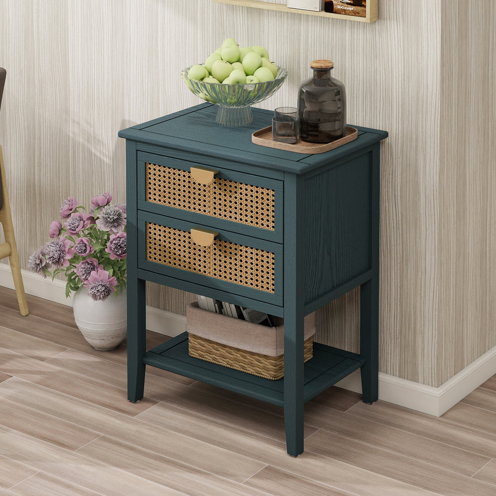 2-Drawer Side Table - Natural Rattan - End Table - Suitable for Bedroom, Living Room, or Study - Green MDF - Grand Goldman Shop
