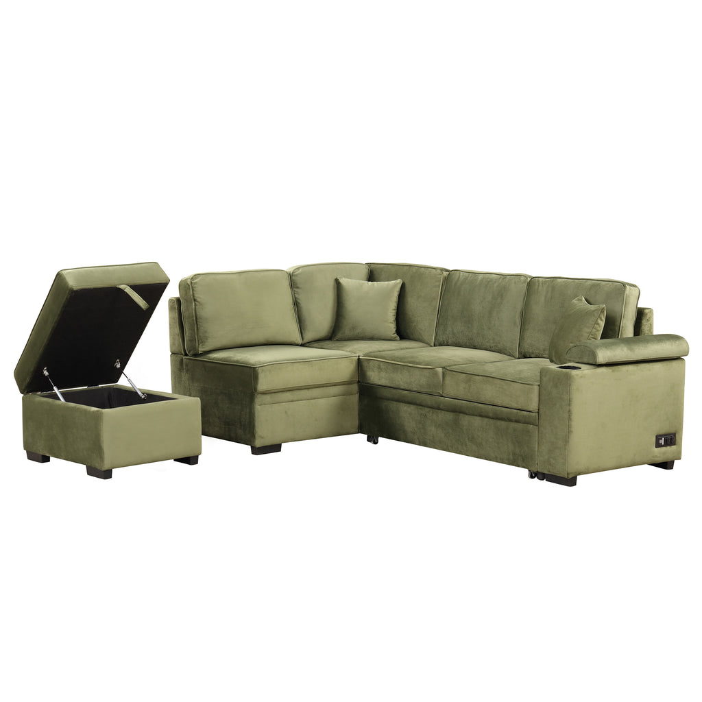 Green Velvet Sleeper Sofa Bed with Storage Ottoman, L Shape Pull Out Couch for Living Room and Bedroom - Grand Goldman Shop
