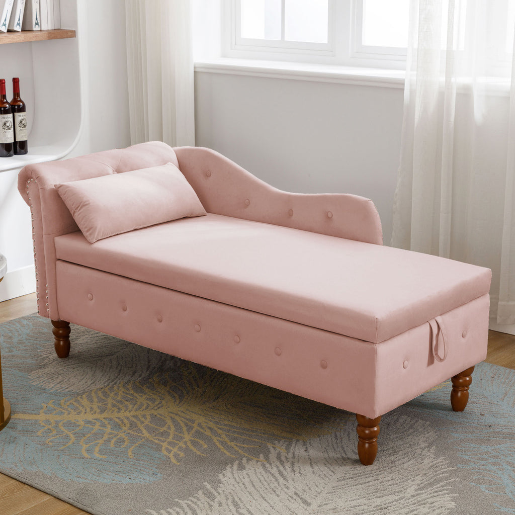 Pink Chaise Lounge Indoor, Velvet Lounge Chair for Bedroom with Storage & Pillow, Modern Upholstered Rolled Arm Chase Lounge for Sleeping with Nailhead Trim for Living Room Bedroom Office - Grand Goldman Shop