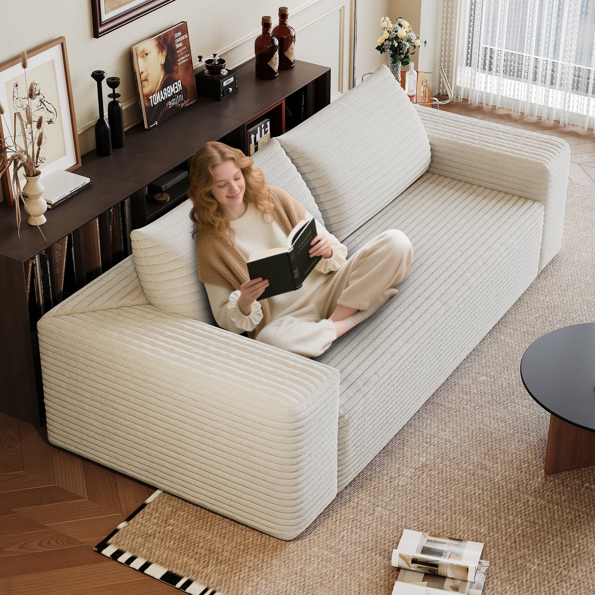 71' 3Setaser Sofa,Corduroy Fabric,Deep Seat Couches,Comfy Loveseat Sofa,No Assembly,1pcs for Living room, Bedroom,Conference room ,Apartment,White - Grand Goldman Shop