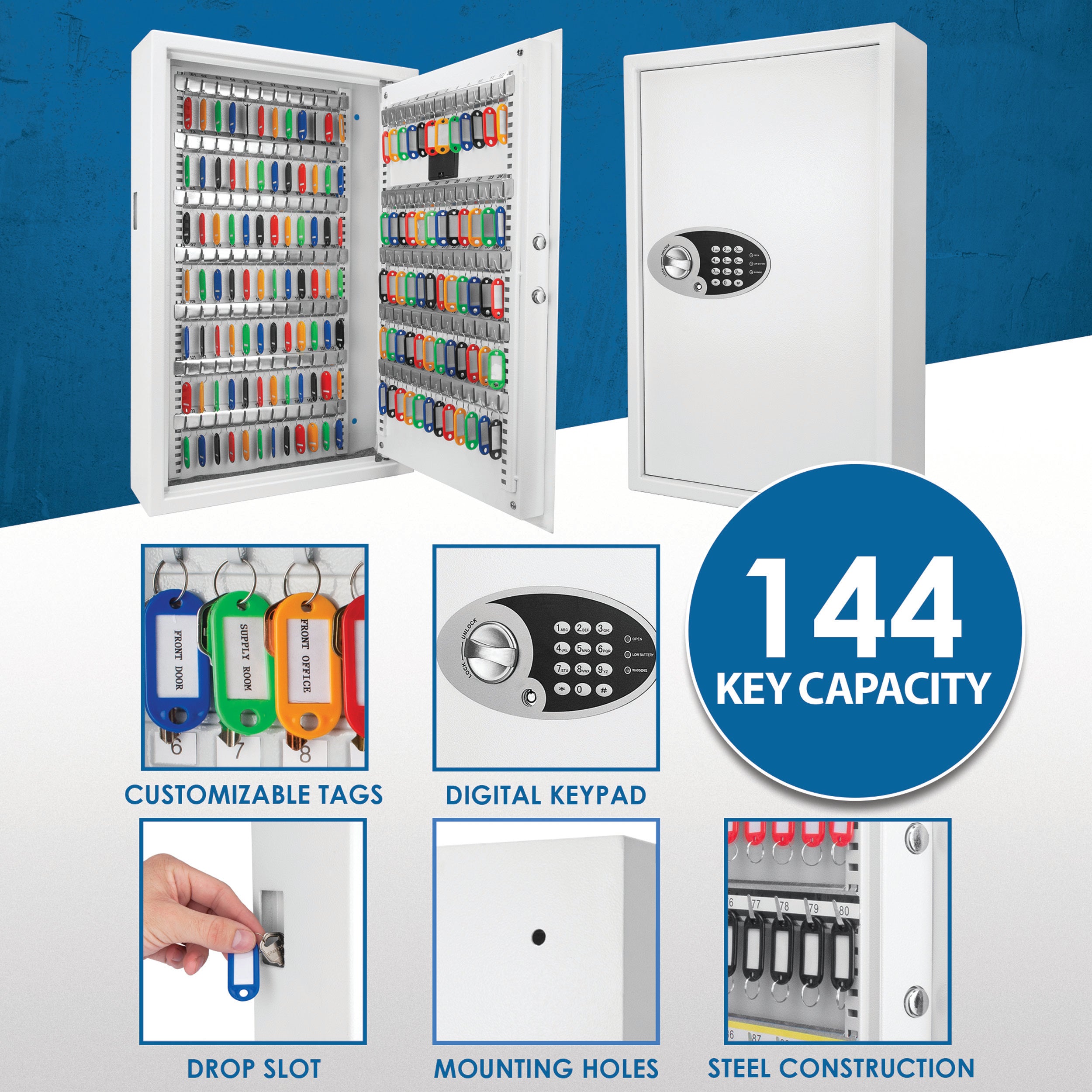 Secure 144 Keys Key Cabinet with Digital Keypad in White Steel | Premium Home Decor - Grand Goldman