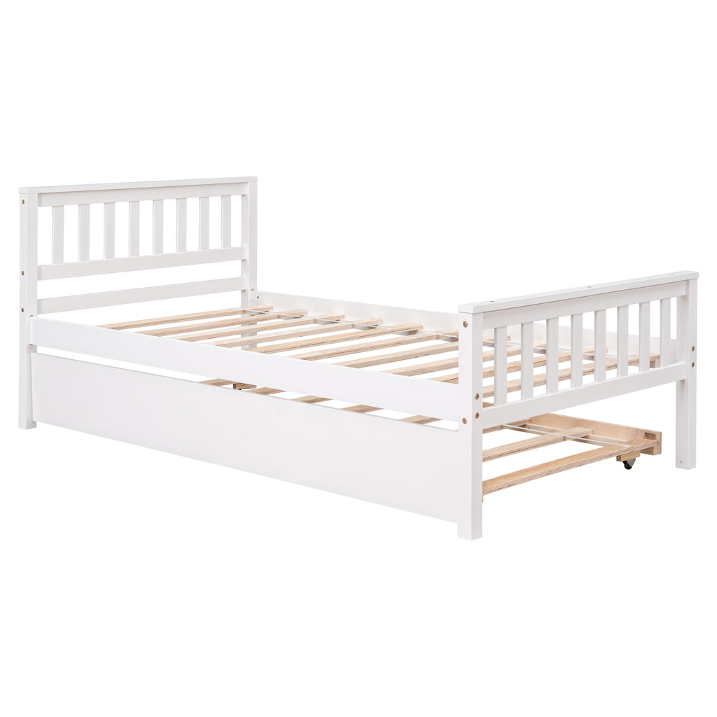 Twin Bed with Trundle, Platform Bed Frame with Headboard and Footboard, for Bedroom Small Living Space,No Box Spring Needed,White - Grand Goldman Shop