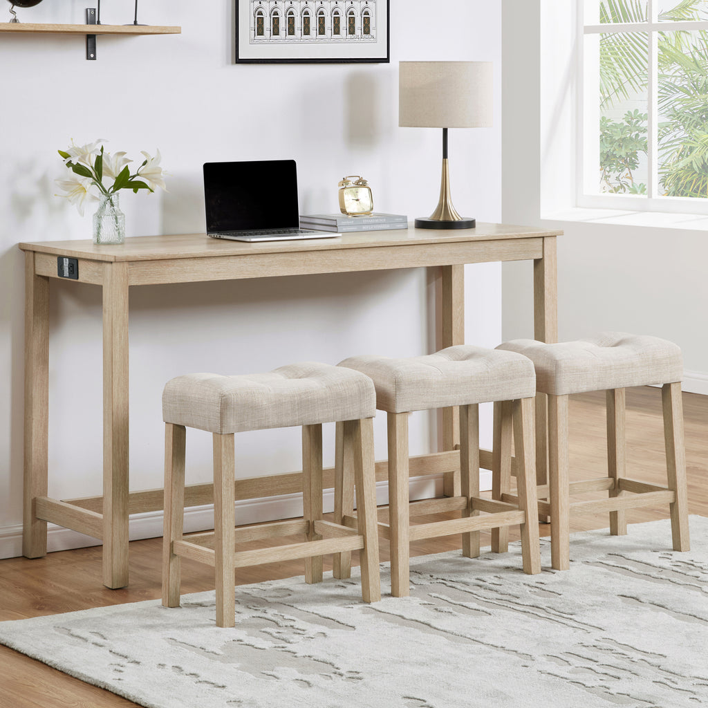 4 Piece Bar Table Set with Power Outlet, Bar Table Set with Chairs, Sofa Bar Table with Stools, Behind Couch Table with 3 Padded Stools for Living Room, Dining room, Light Oak - Grand Goldman Shop