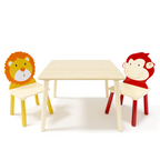 Lion & Monkey Wooden Activity Play Table Set for Kids, 3-Piece Toddler Table and Chair Set in Yellow & Red, Solid Wood & MDF,