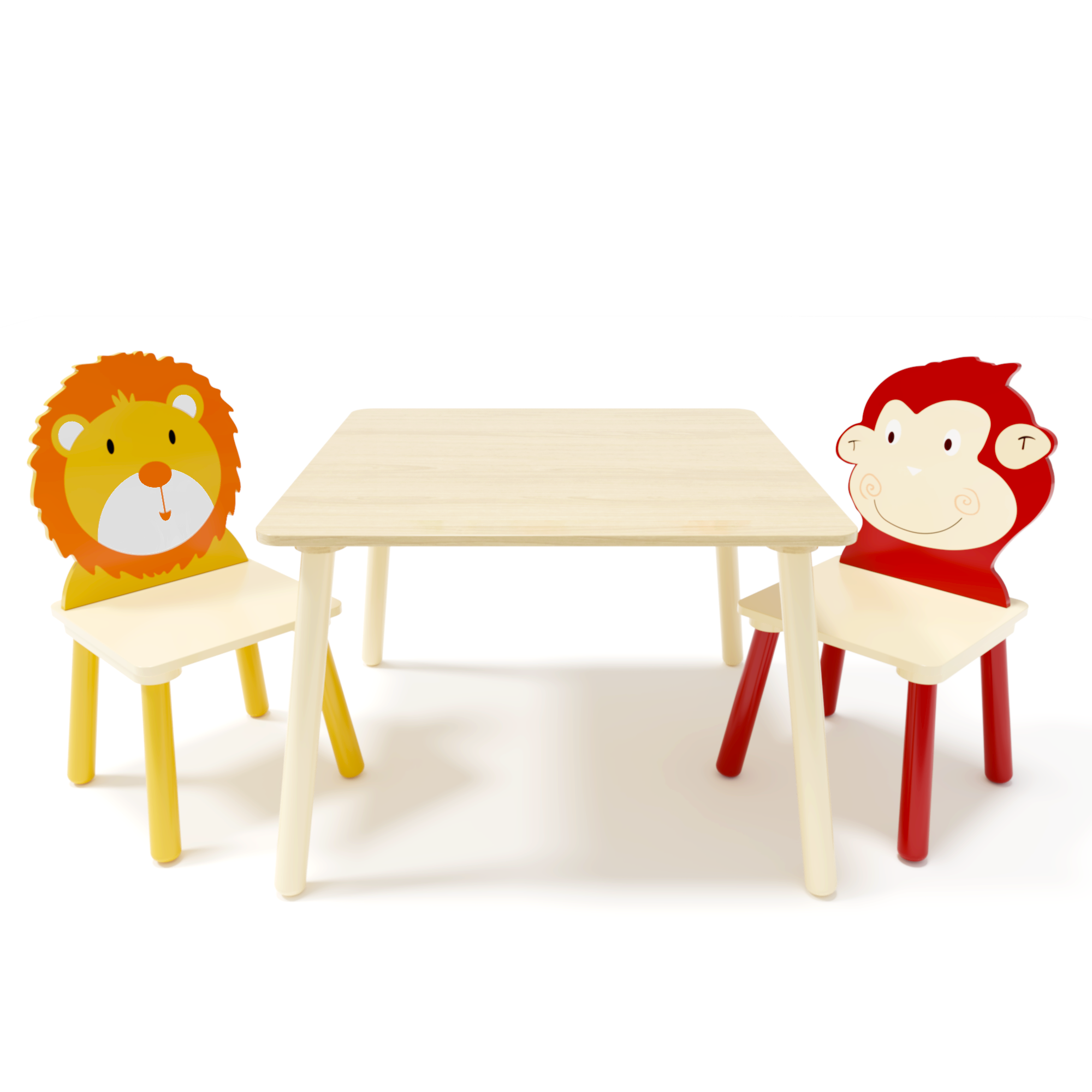 Lion & Monkey Wooden Activity Play Table Set for Kids, 3-Piece Toddler Table and Chair Set in Yellow & Red, Solid Wood & MDF,