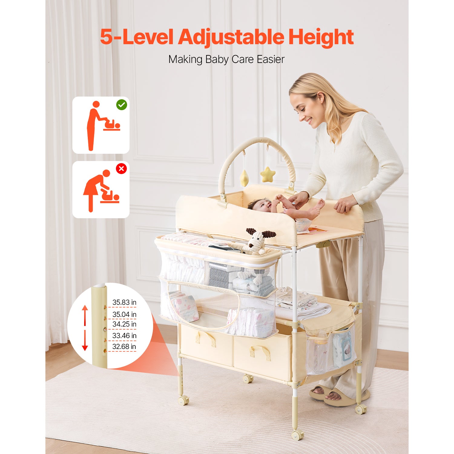 Baby Changing Table, Foldable Diaper Change Station with 2 Fabric Drawers, Side Basket & Hanging Rod, Adjustable Height Porta