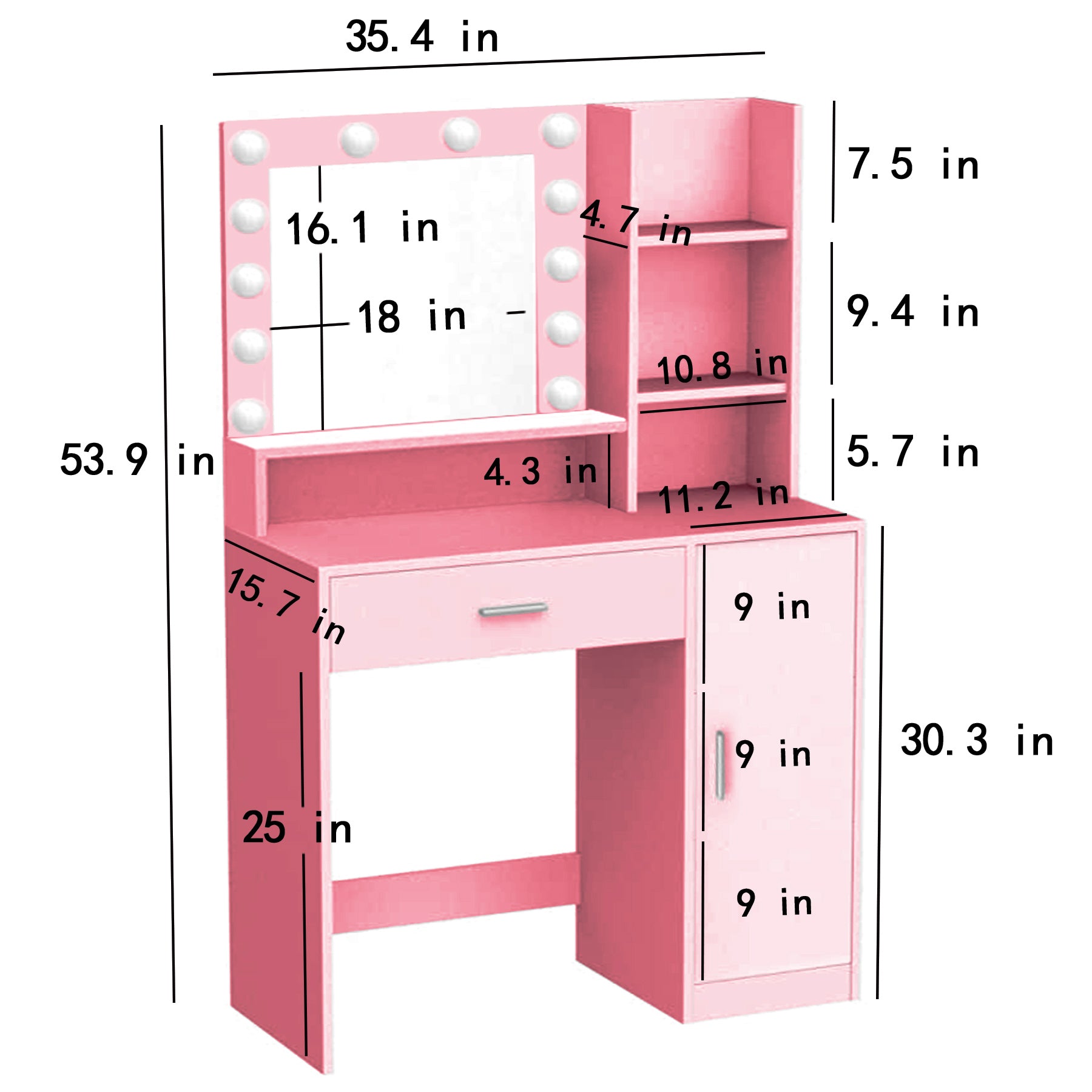 Vanity Desk with Mirror & Light, Large Drawer Three Level Storage Dresser, 3 Lighting Modes Adjustable Brightness, Bedroom Dressing Table(Pink) - Grand Goldman Shop