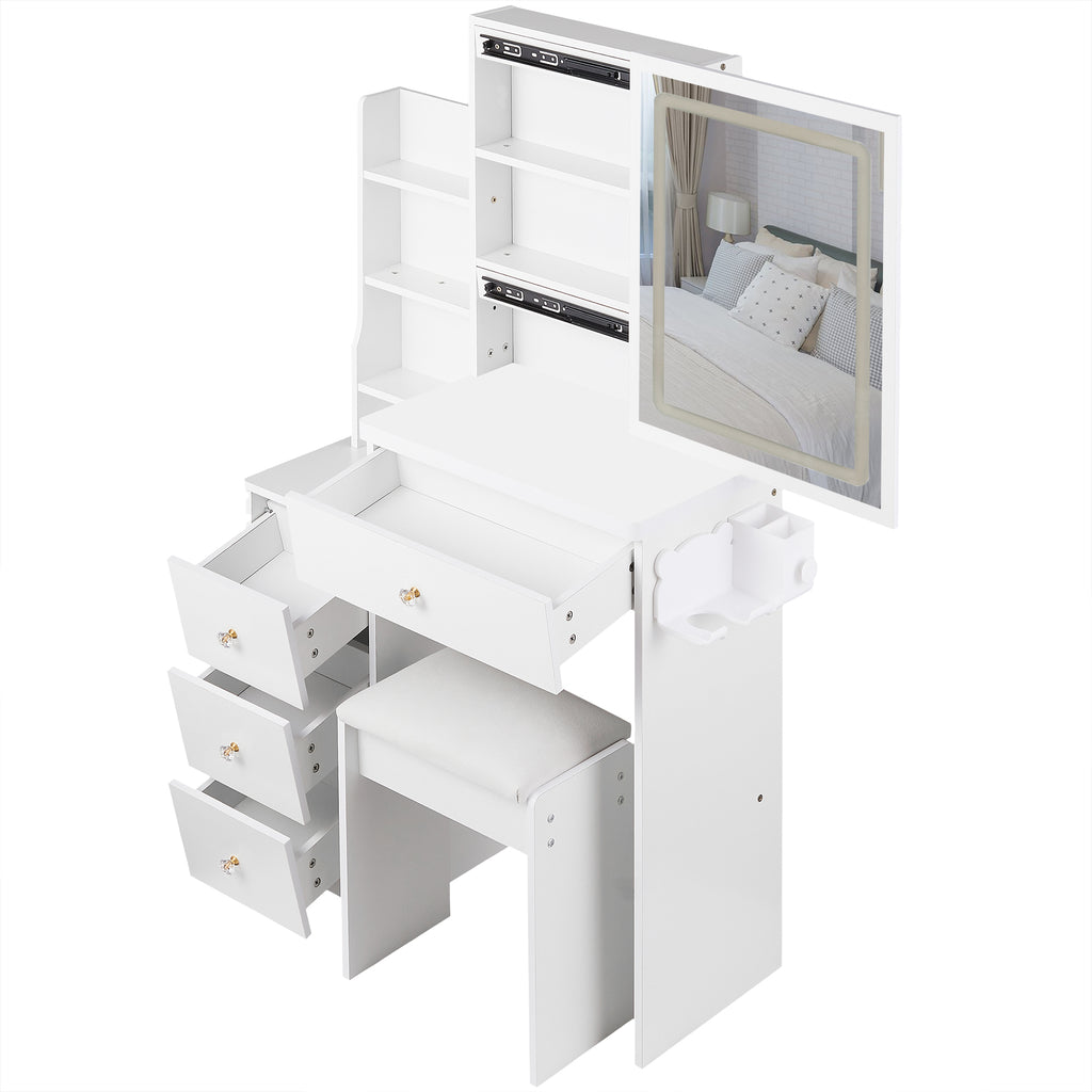 29.2' Small Size Bedside Cabinet Vanity Table + Cushioned Stool, 2 AC+2 USB Power Station, Hair dryer bracket, Extra Large Touch Control Sliding LED Mirror, 3-color Switching, EPA, GCC, UL Certificate - Grand Goldman Shop