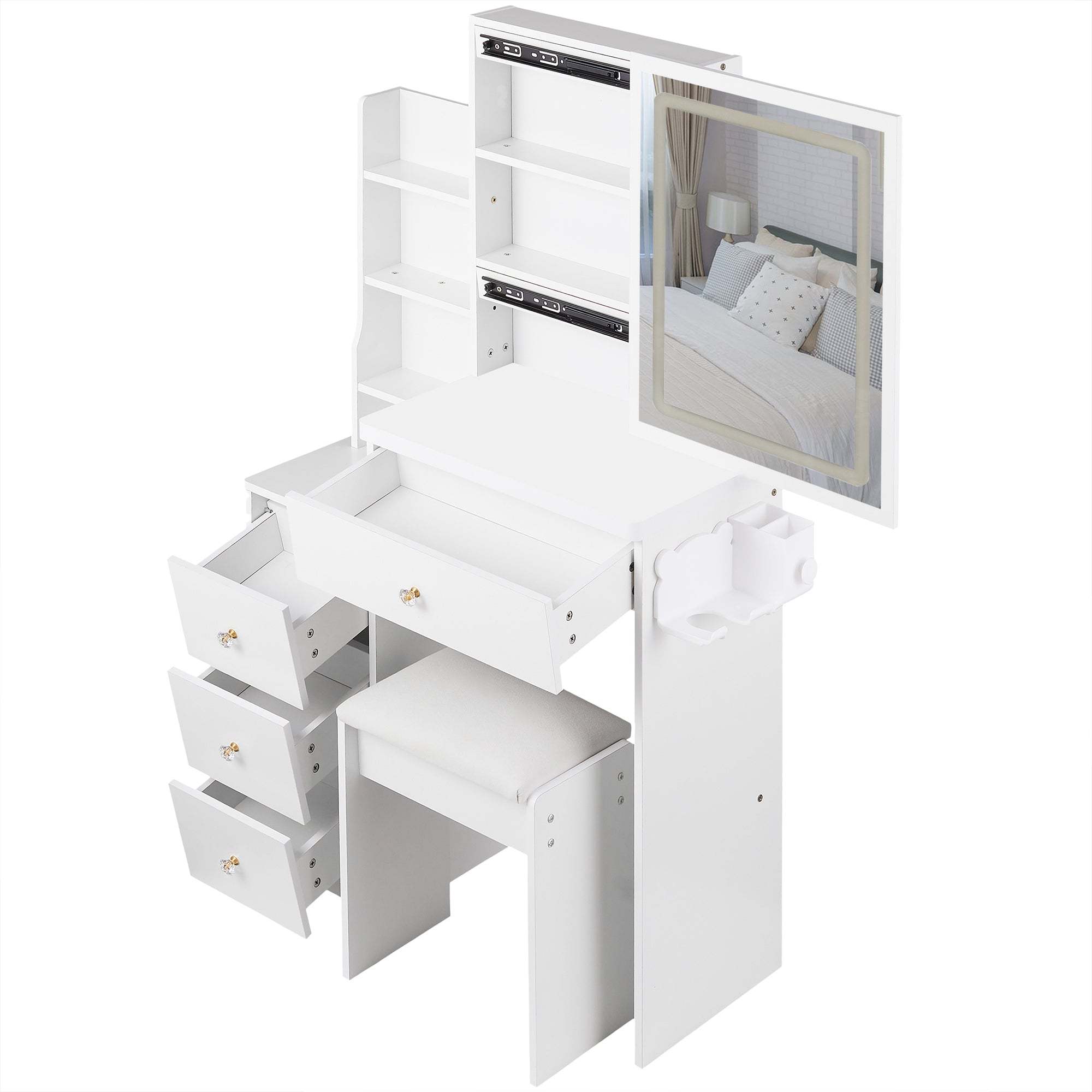 29.2' Small Size Bedside Cabinet Vanity Table + Cushioned Stool, 2 AC+2 USB Power Station, Hair dryer bracket, Extra Large Touch Control Sliding LED Mirror, 3-color Switching, EPA, GCC, UL Certificate - Grand Goldman Shop