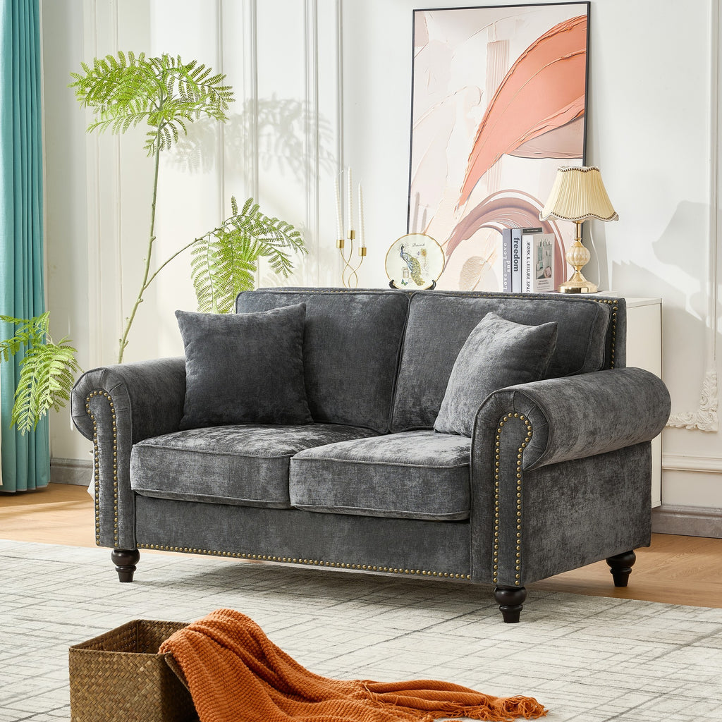 Modern 2-Seater Sofa with Rolled Arms, Tufted Upholstered Couch in Gray Fabric, 63 Inches - Grand Goldman Shop