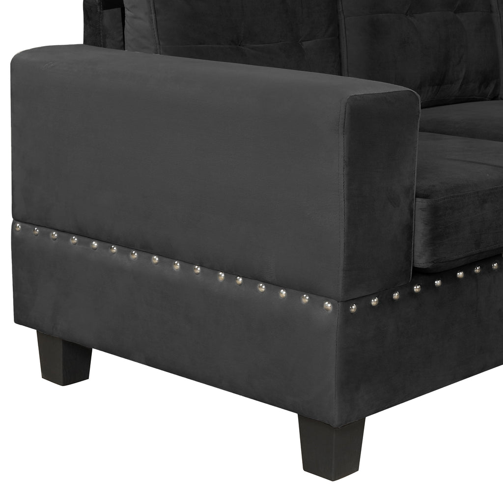 Modern Sectional Sofa with Storage Ottoman, L-Shape Couch with 2 Pillows and Cup Holders, Black Velvet, 105' - Grand Goldman Shop