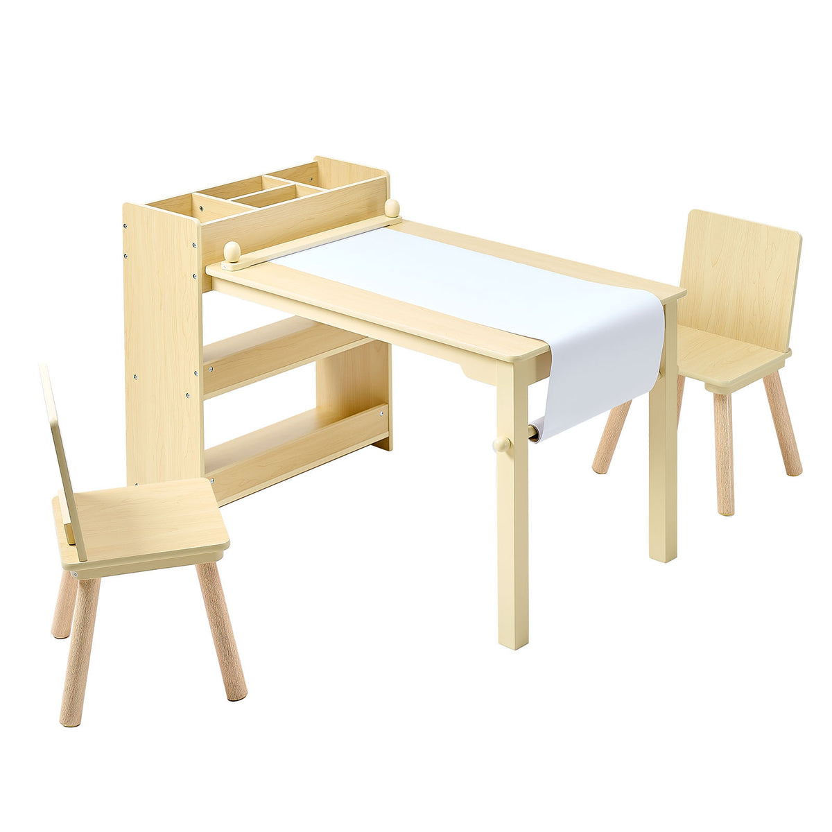 Kids Art Table and Chair Set, Toddler Craft Table with 3 Tiers Storage Cabinet, Wooden Kids Activity Play Desk with 2 Chairs,