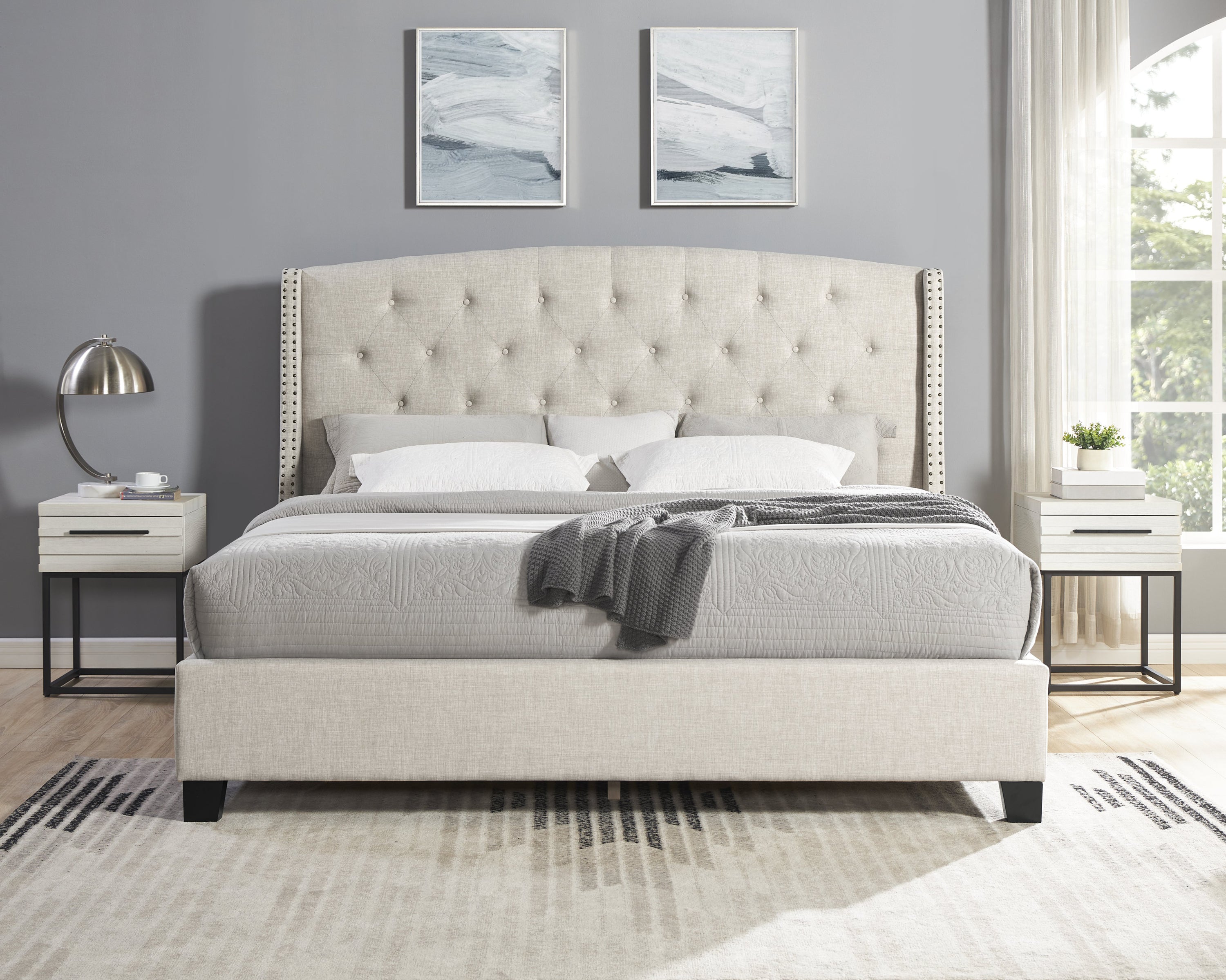 Astral 3-Piece Upholstered Bedroom Set, Tufted Wingback Bed with Two White Nightstands - Grand Goldman Shop