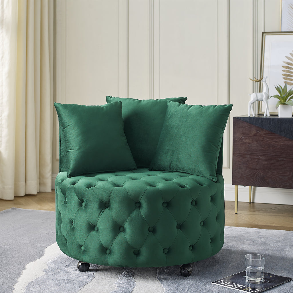 Modern Glam Velvet Upholstered Swivel Chair with Button Tufted Design and Wheels, Green - Grand Goldman Shop