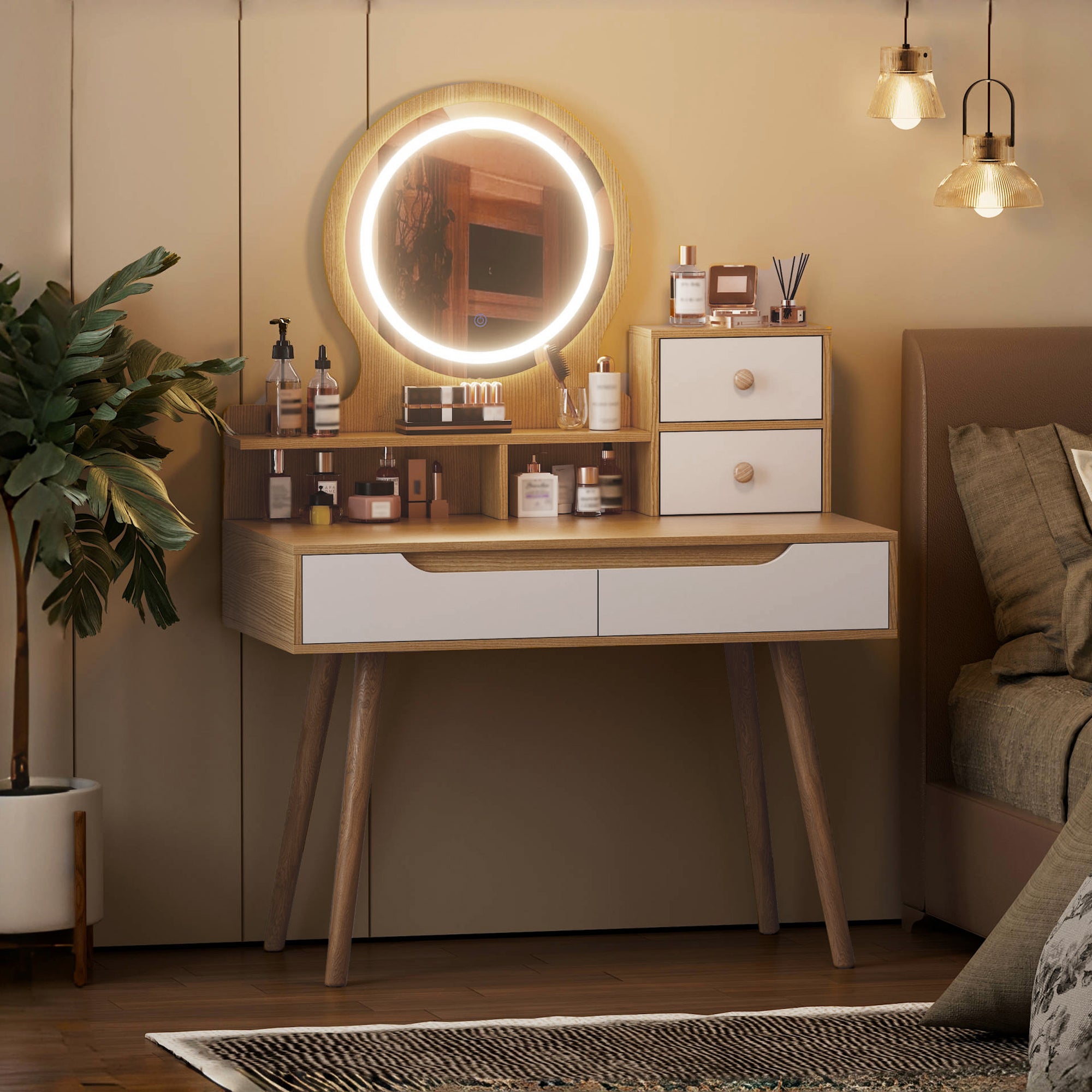 Elegant Makeup Vanity Desk with Adjustable Lighted Mirror, Solid Wood Table Feet, American White Oak, MDF, Compact Size - Grand Goldman Shop