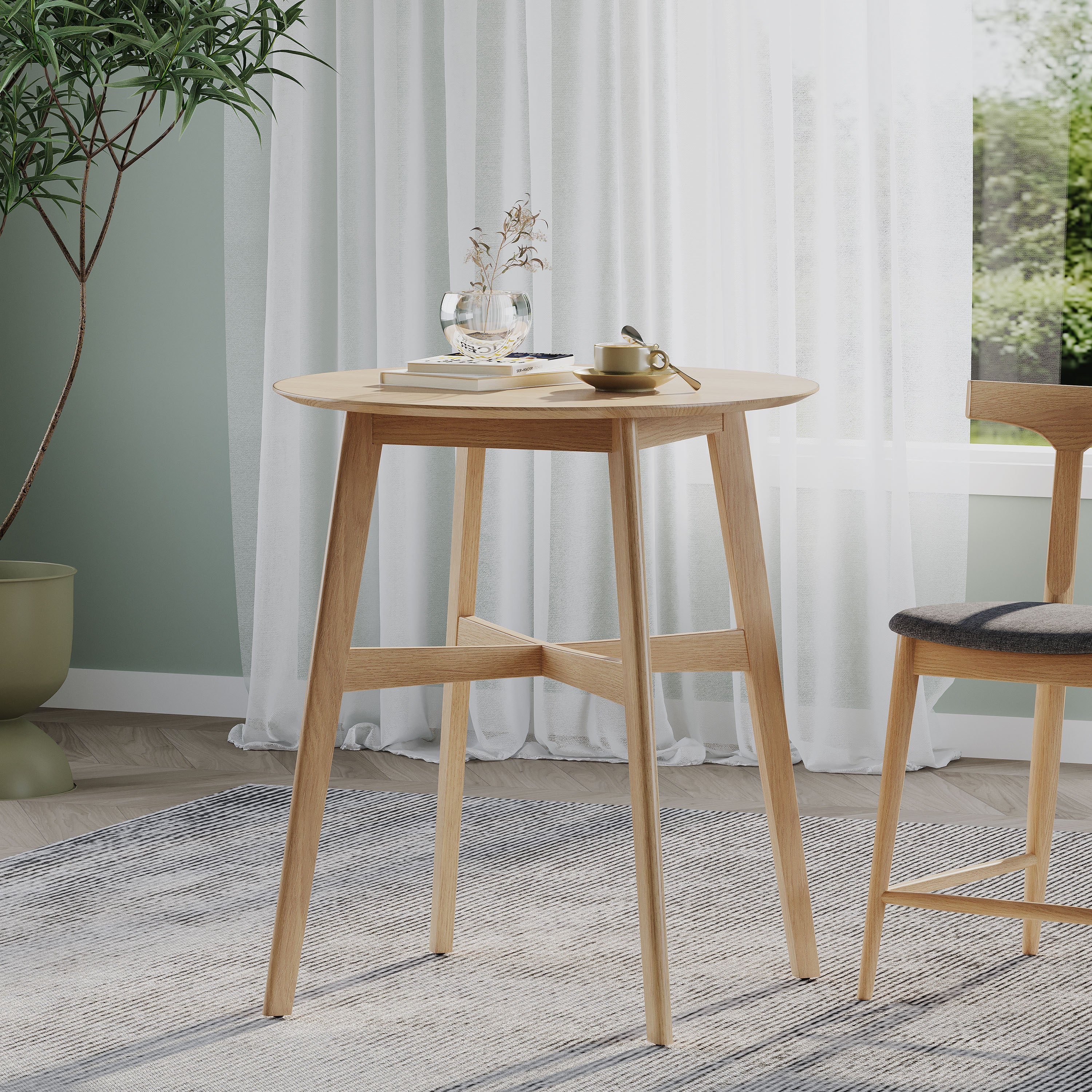 Wood Counter Height Round Dining Table, Natural Oak Finish, 35.4'D x 35.4'W x 36'H - Grand Goldman Shop