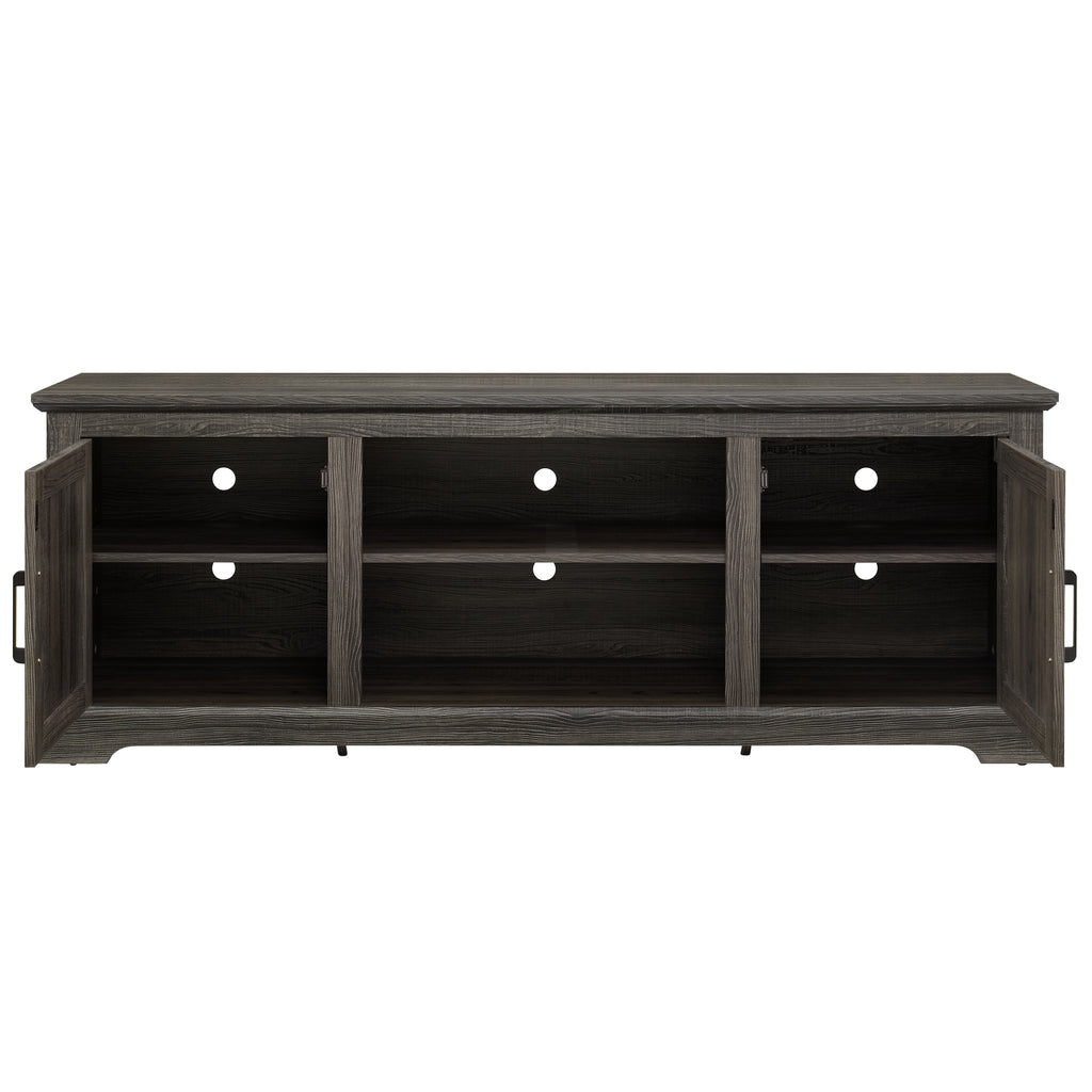 Farmhouse Rattan TV Stand Console Table for TVs up to 70 Inches, TV Console Table with 2 Storage Shelves, 2 Natural Rattan Door Cabinets, 65'W*15.55'D*23.86'H, Gray - Grand Goldman Shop