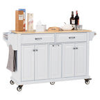 Kitchen Island with Rubber wood Countertop, Kitchen Cart on 5 Wheels with Storage Cabinet and 2 Top Drawers and A center double layered storage drawer for Dinning Room, White - Grand Goldman Shop