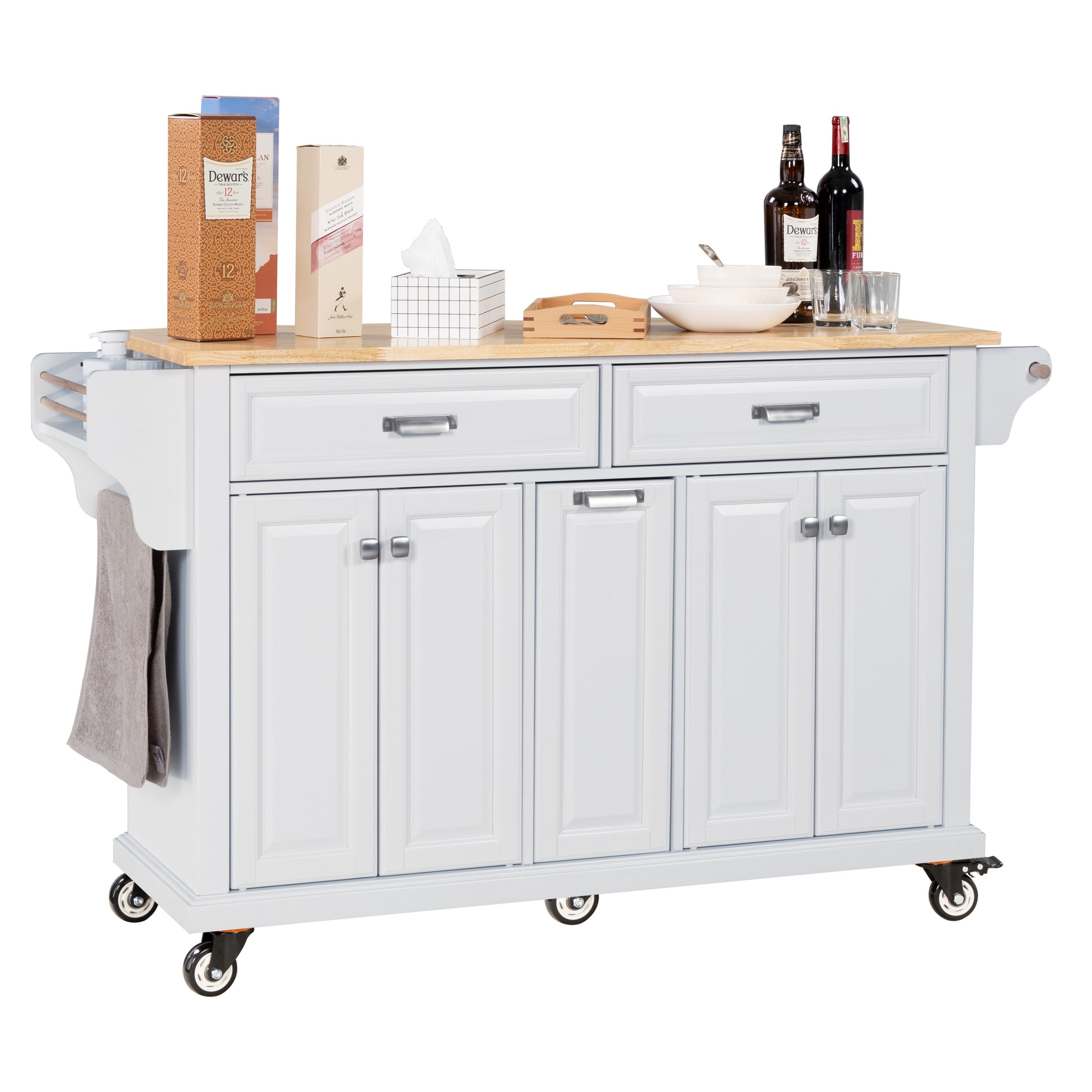 Kitchen Island with Rubber wood Countertop, Kitchen Cart on 5 Wheels with Storage Cabinet and 2 Top Drawers and A center double layered storage drawer for Dinning Room, White - Grand Goldman Shop