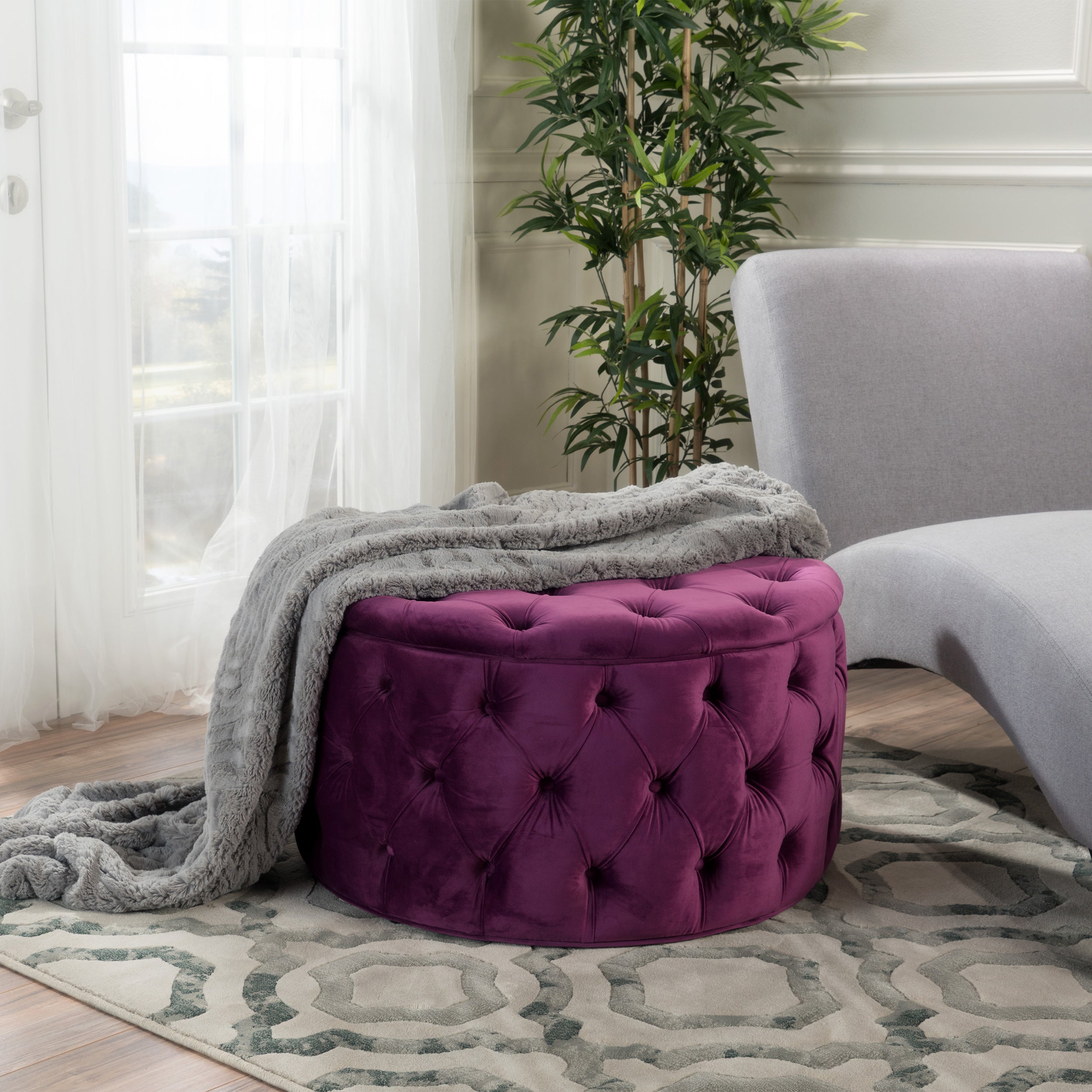 Modern Glam Ottoman Velvet Fuchsia 29.5-Inch - Grand Goldman Shop