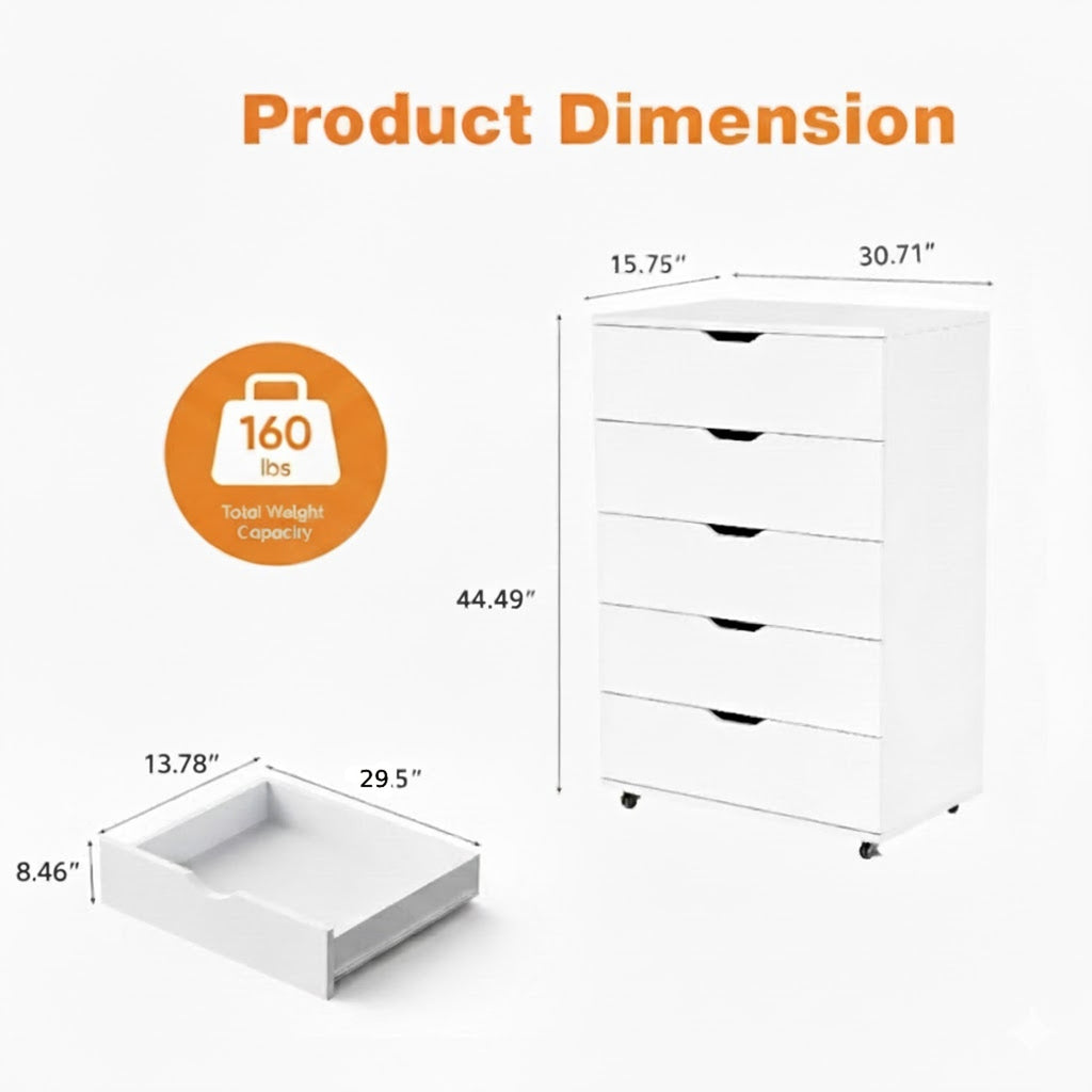 Modern White 5-Drawer Dresser with Wheels – Space-Saving Storage Cabinet with Deep Drawers, Wood Frame, Melamine Finish - Grand Goldman Shop