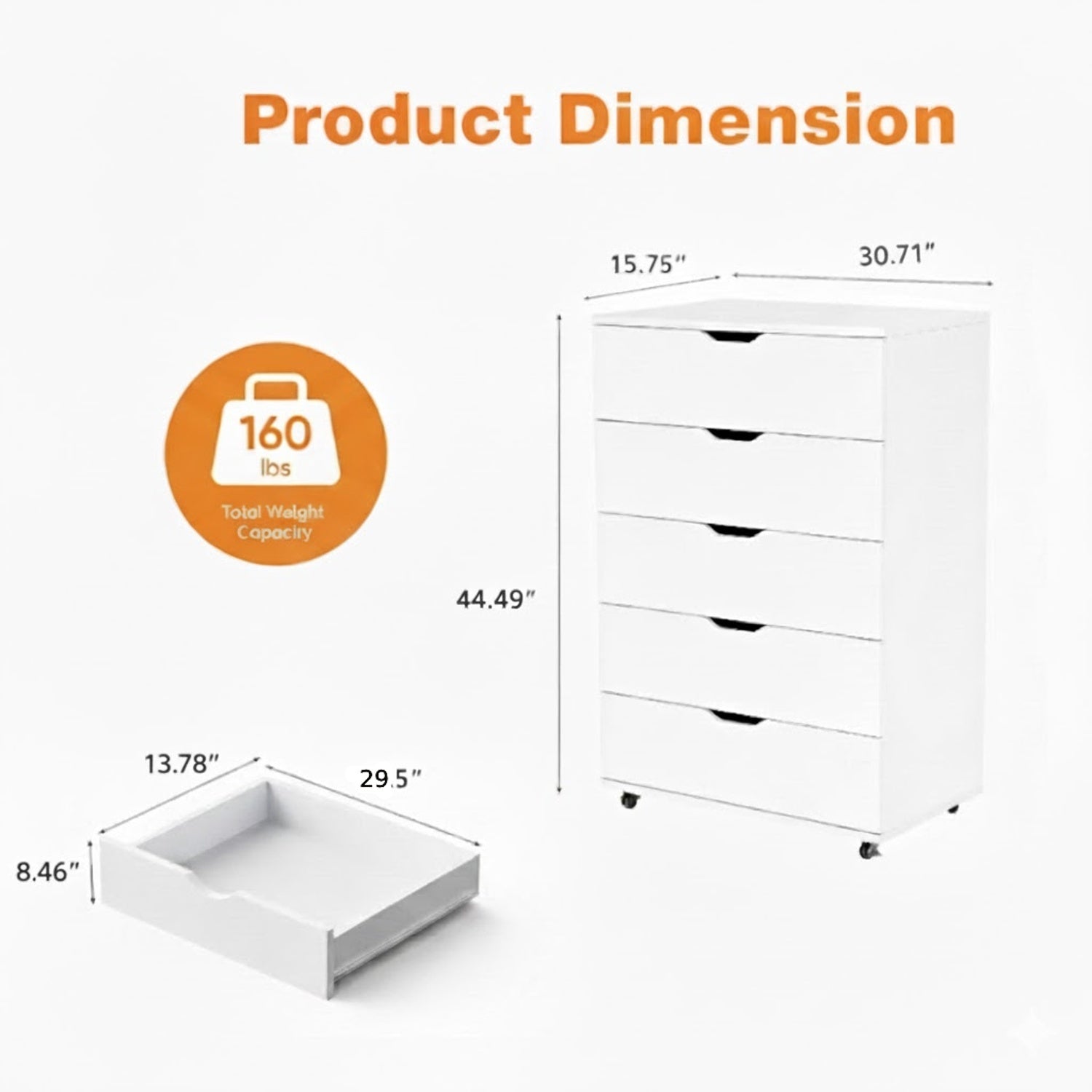 Modern White 5-Drawer Dresser with Wheels – Space-Saving Storage Cabinet with Deep Drawers, Wood Frame, Melamine Finish - Grand Goldman Shop