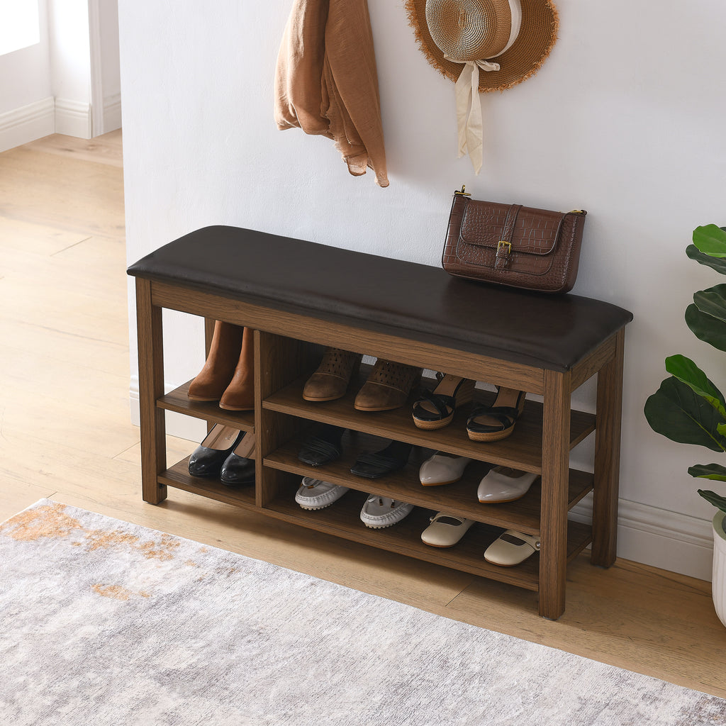 A height-adjustable long shoe-changing bench,made of natural rubberwood,comes with a comfortable seat,concealed storage space and large storage compartments. features natural wood grain.Brown - Grand Goldman Shop