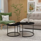 Nesting Coffee Table Set of 2, 27.6in Round Wood Marble Pattern Top with Sturdy Metal Frame, Black Living Room Side Tables for Bedroom Balcony Yard - Grand Goldman Shop