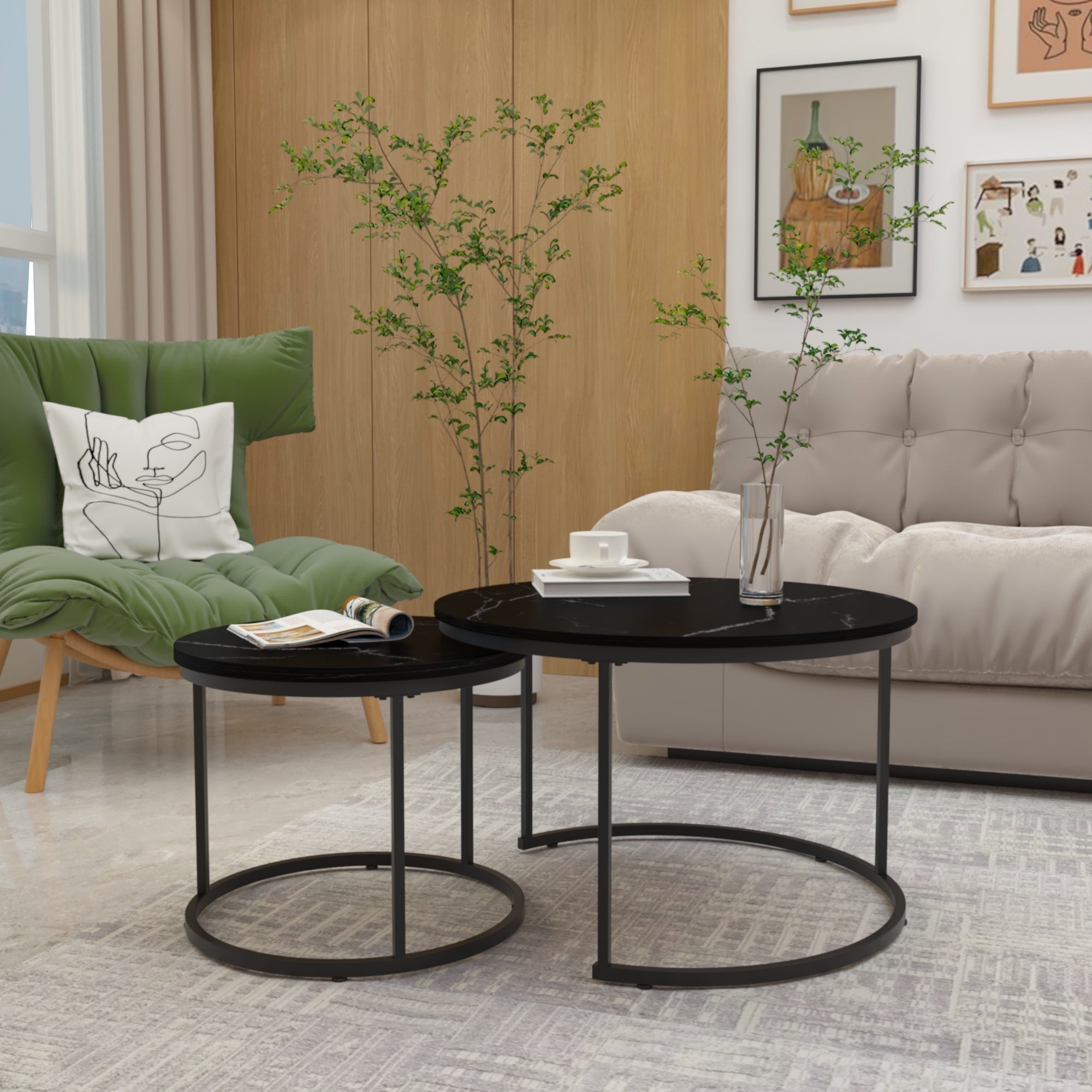 Nesting Coffee Table Set of 2, 27.6in Round Wood Marble Pattern Top with Sturdy Metal Frame, Black Living Room Side Tables for Bedroom Balcony Yard - Grand Goldman Shop