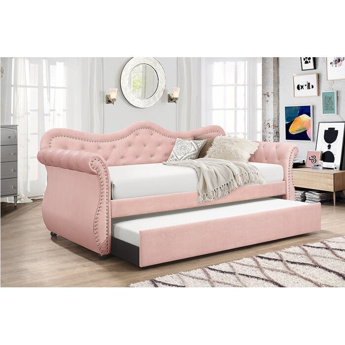 Abby Modern Style Upholstered Velvet Wood Daybed with Trundle in Pink - Grand Goldman Shop