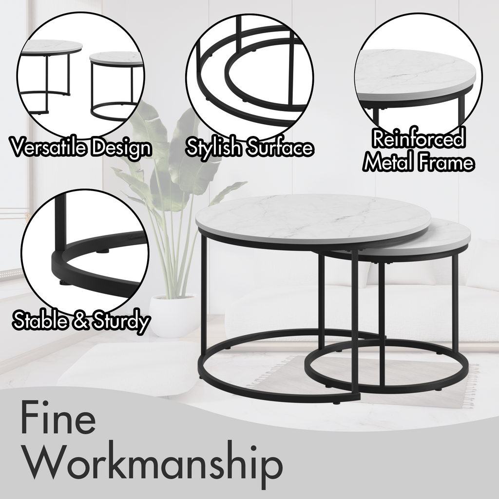 Nesting Coffee Table Set of 2, 27.6inch Round Wood Marble Pattern Top with Sturdy Metal Frame, White Living Room End Tables for Bedroom Balcony Yard - Grand Goldman Shop