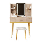 4-Drawer Vanity Desk with LED Mirror & Carved Details, Fluted Makeup Table with Metal Legs and PU Stool, Carved Dressing Table with Jewelry Storage for Bedroom - Grand Goldman Shop
