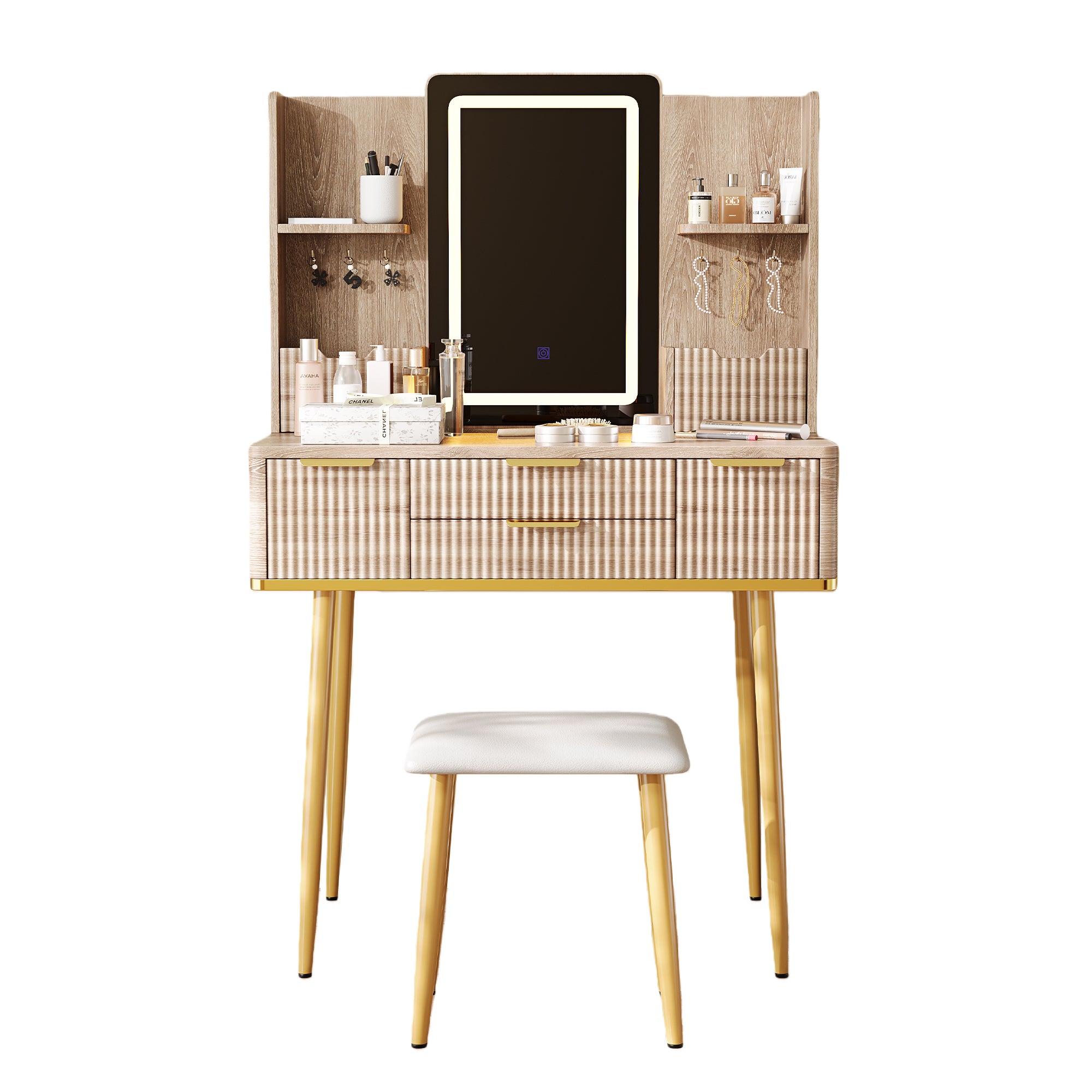 4-Drawer Vanity Desk with LED Mirror & Carved Details, Fluted Makeup Table with Metal Legs and PU Stool, Carved Dressing Table with Jewelry Storage for Bedroom - Grand Goldman Shop