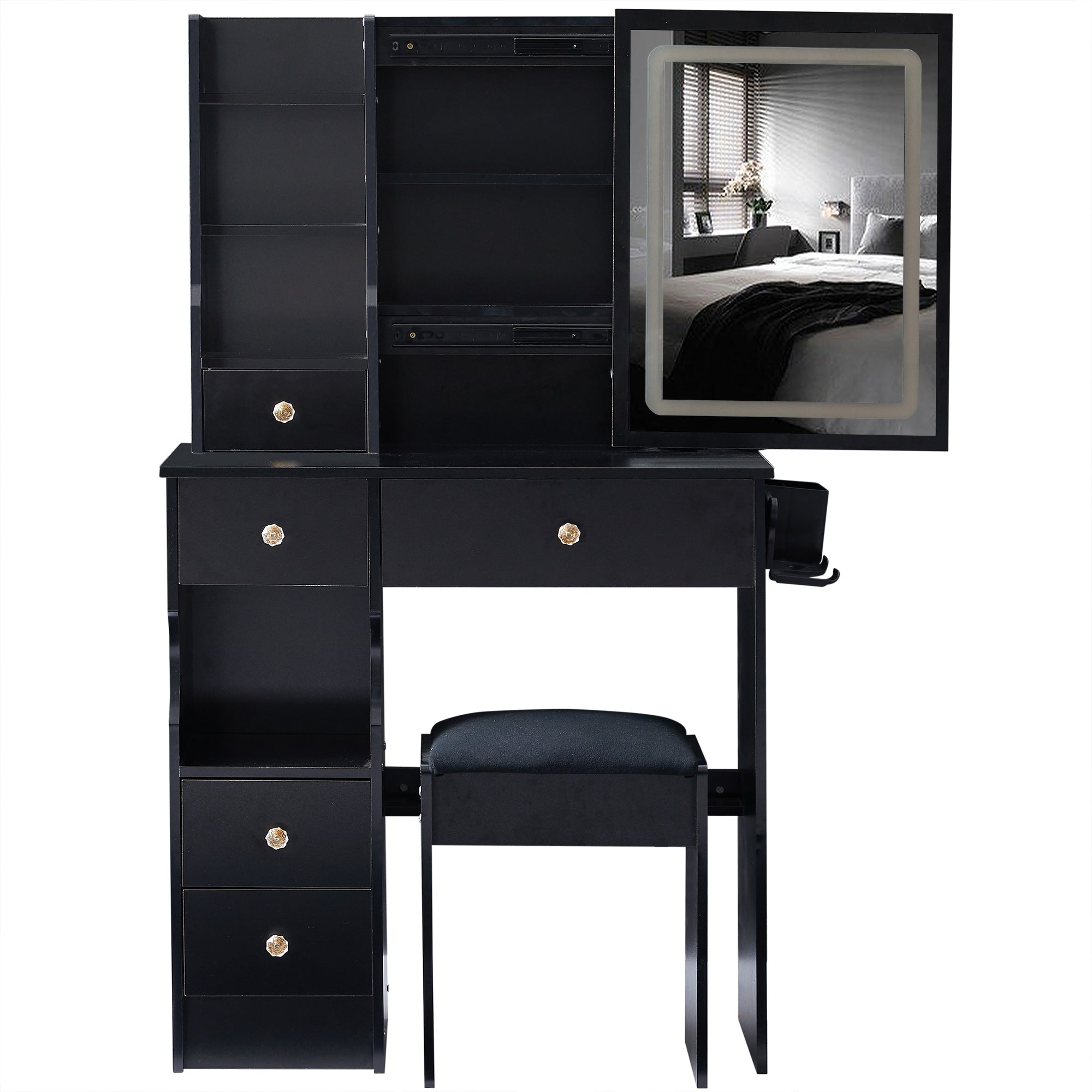 29.2' Small Size Drawer Desktop Vanity Table + Cushioned Stool, 2 AC+2 USB Power Station, Hair dryer bracket, Extra Large Touch Control Sliding LED Mirror, 3-color Switching, EPA, GCC, UL Certificate - Grand Goldman Shop