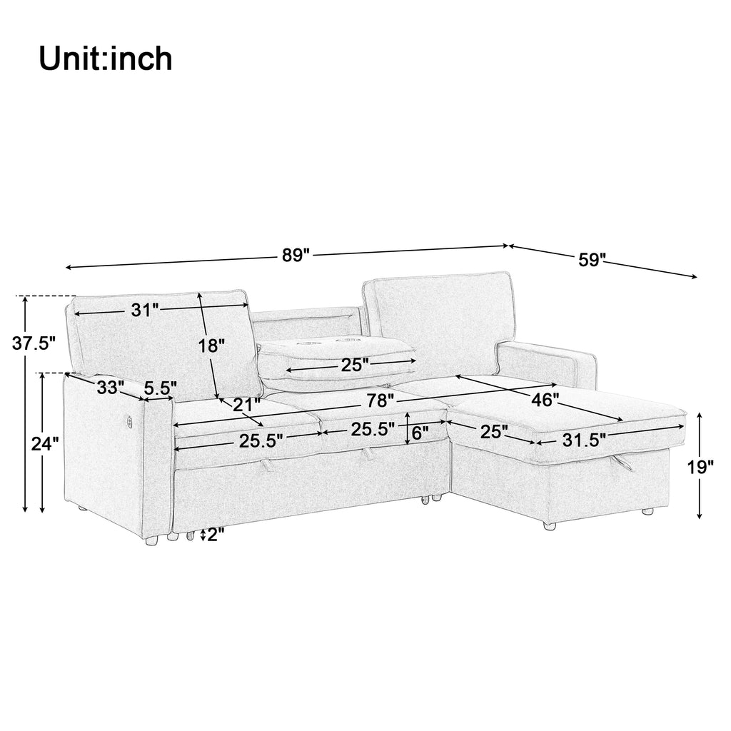 U_STYLE Upholstery Sleeper Sectional Sofa with Storage Space, USB port, 2 cup holders on Back Cushions(same sku; WY000335AAA) - Grand Goldman Shop