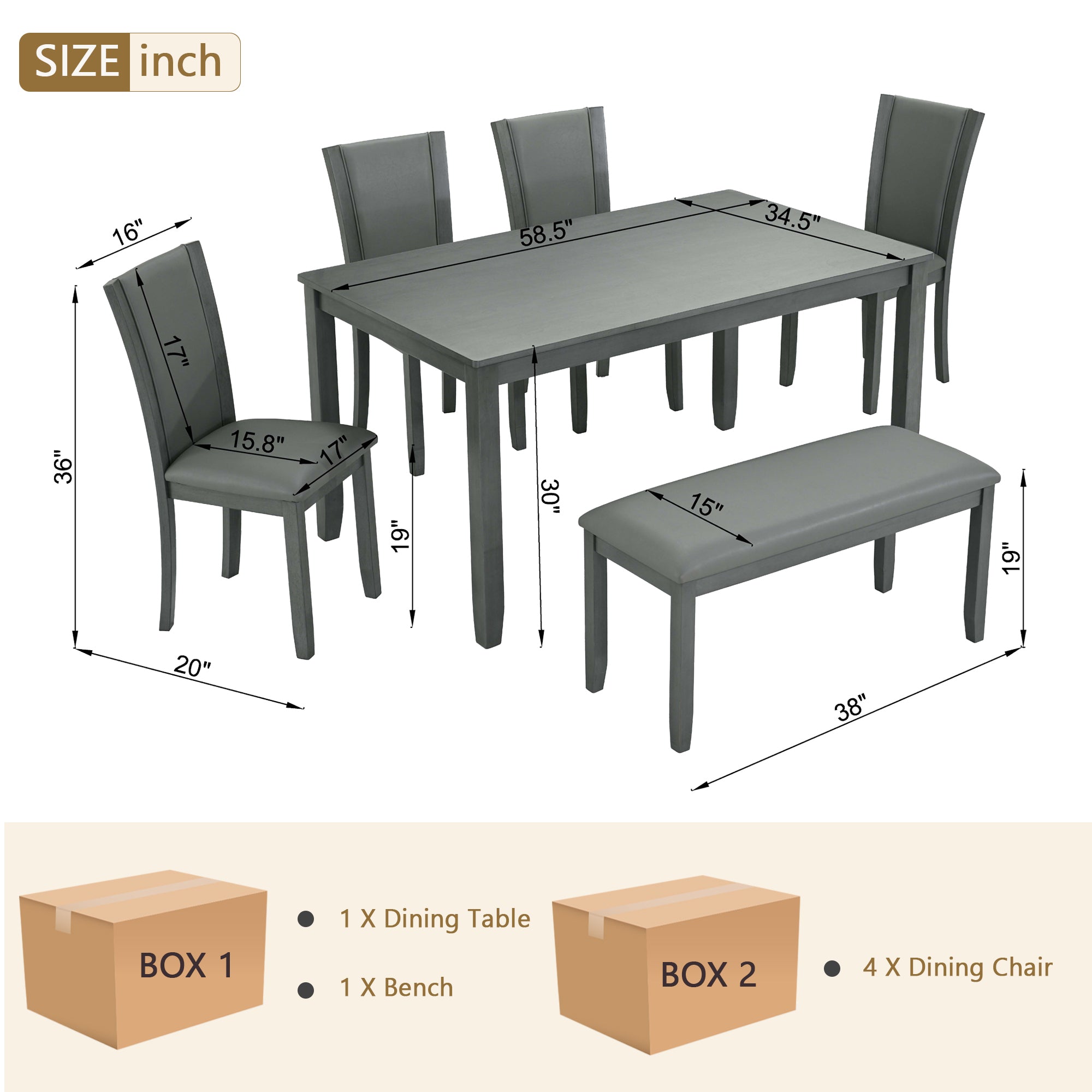 Modern 6-Piece Dining Table Set with Bench and Chairs for Dining Room or Kitchen – Grey - Grand Goldman Shop