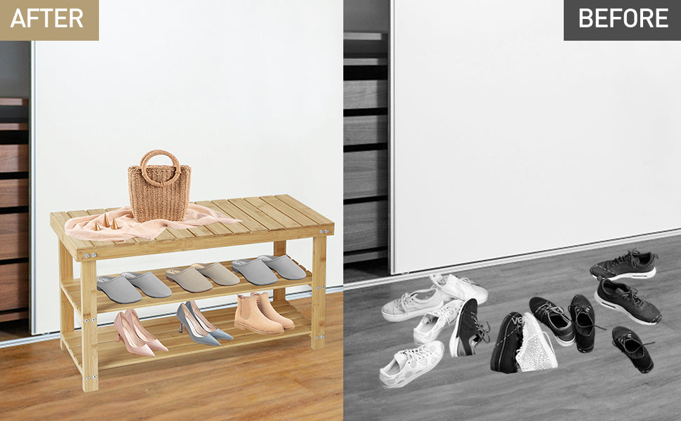 Hofitlead 27.5' Shoe Rack Solid Wood Shoe Bench, 3-Tier Shoe Organizer for Entryway Hallway(Light Brown) - Grand Goldman Shop