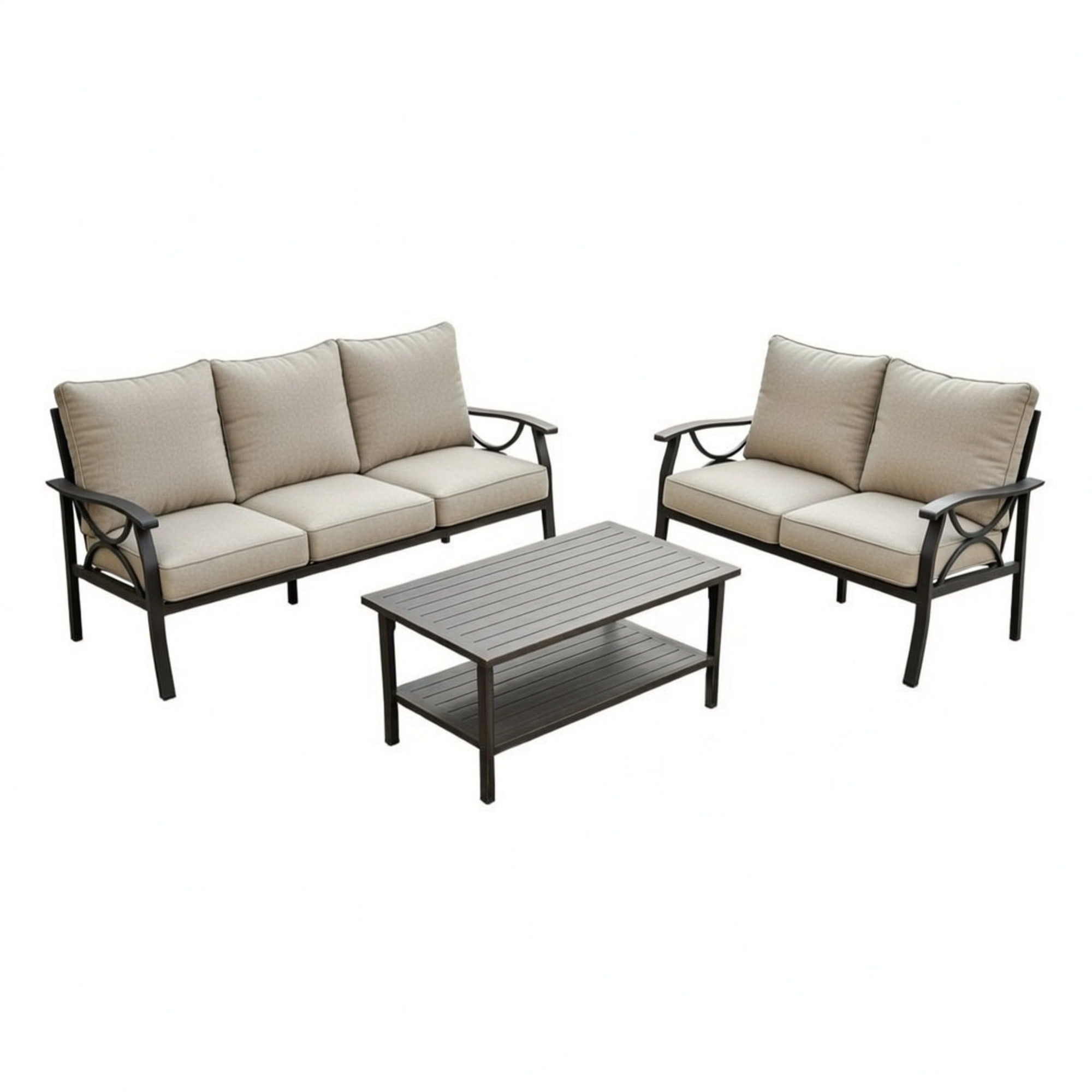 Modern 5-Seat All-Weather Metal Patio Furniture Set with Beige Cushions, Khaki Steel Frame, Coffee Table for Backyard Garden Porch