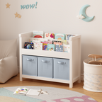 Kids Bookshelf with 3 Tier Front-Facing Storage and 3 Fabric Bins, Wooden Toddler Bookcase for Playroom, Nursery, Bedroom – K
