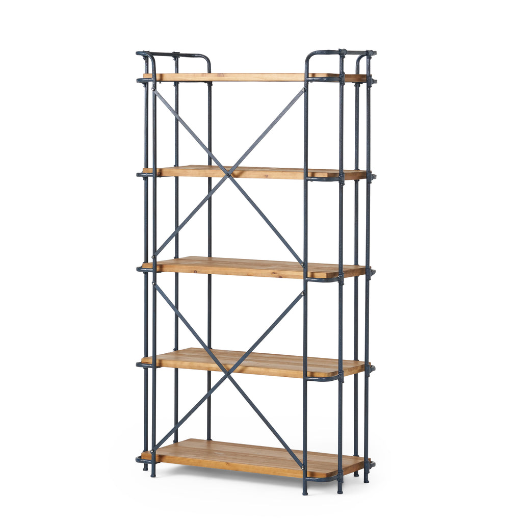 Yorktown Industrial 5-Shelf Bookcase with Metal Pipework and Solid Fir in Natural Finish - Grand Goldman Shop