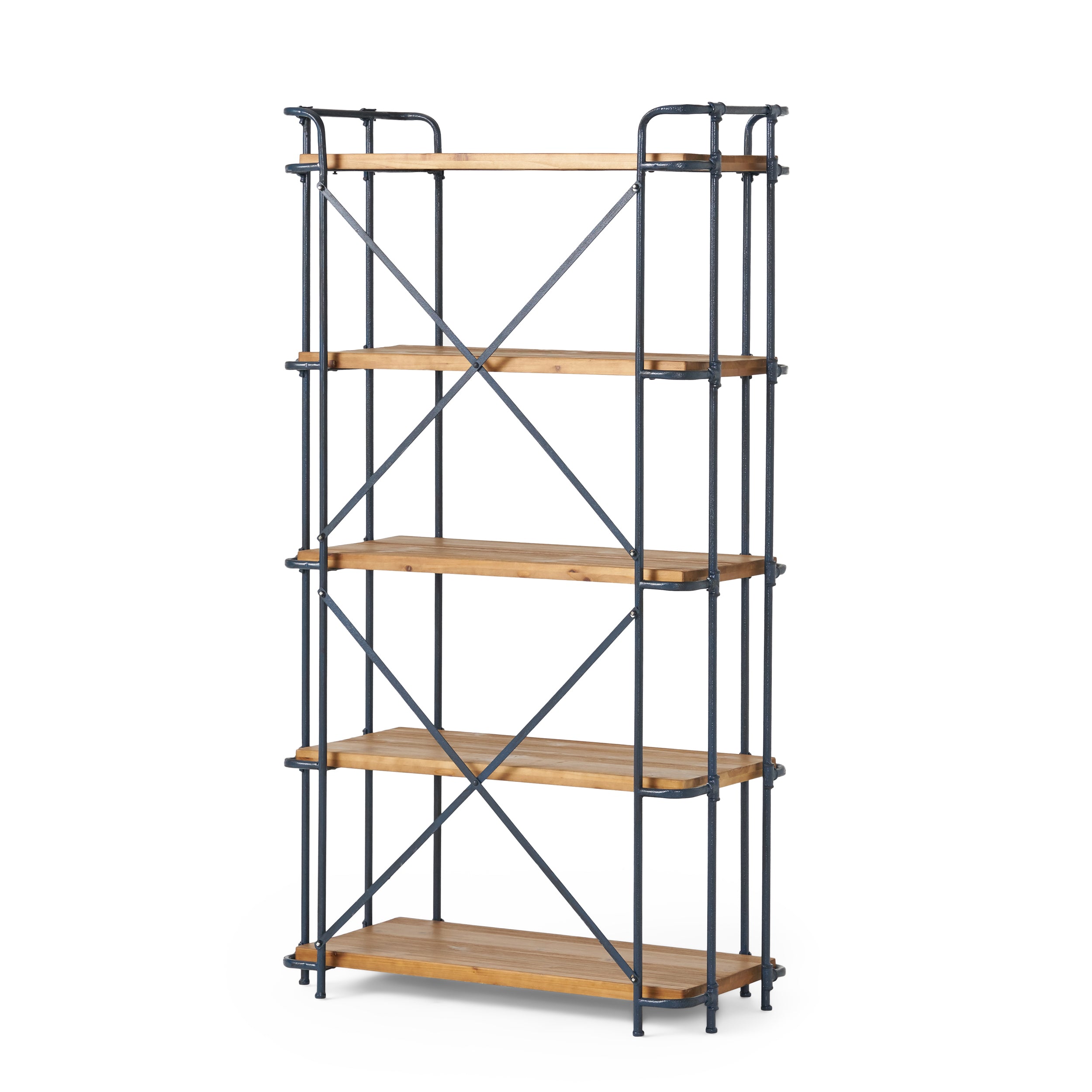 Yorktown Industrial 5-Shelf Bookcase with Metal Pipework and Solid Fir in Natural Finish - Grand Goldman Shop