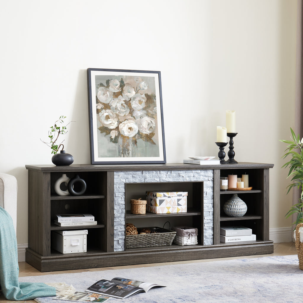 Large TV Stand TV Desk Storage Rack with Faux Stacked Stone Surround,Media Console Table with Large Storage Cabinet,Modern TV Media Entertaionment Stand,GREY, 70.12'W*15.35'D*25.83'H - Grand Goldman Shop